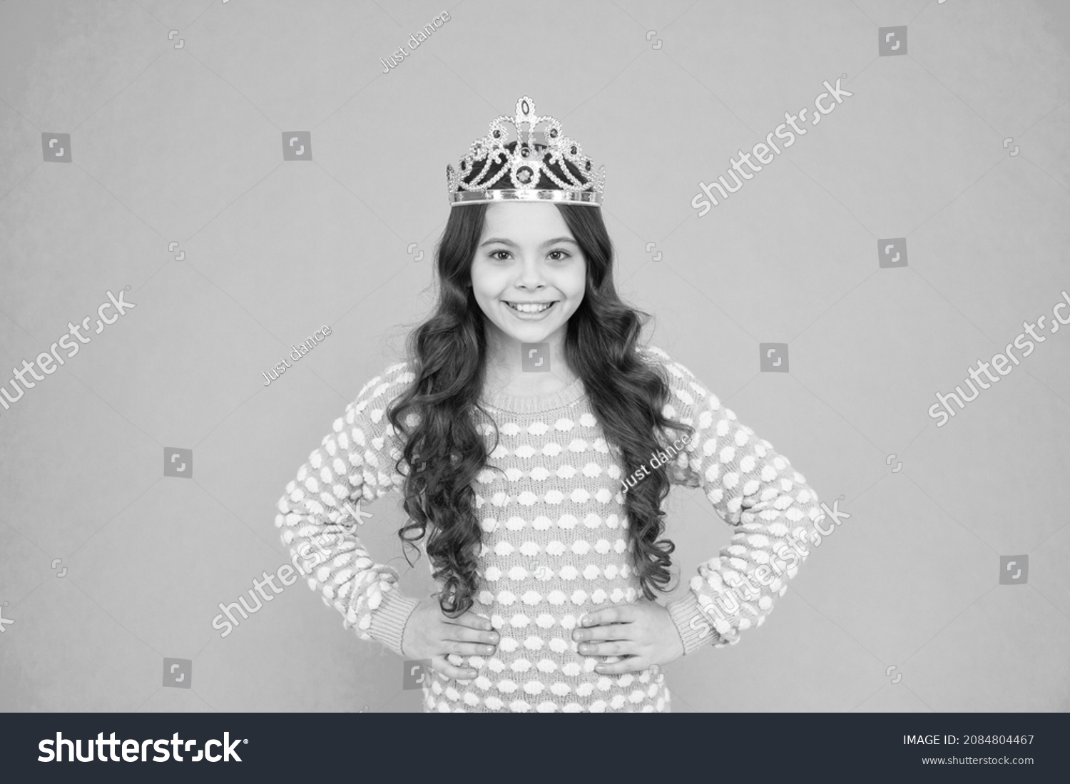 Number one. Kid wear golden crown symbol of princess. Girl cute baby wear crown blue background. Success and happiness. Just look at me. Princess concept. Girl princess. Lady small baby princess #2084804467