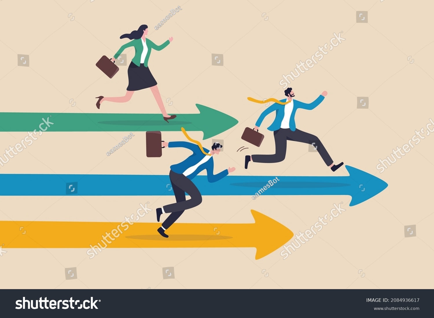 Business competition, contest or rivalry against competitors to increase sales for victory, performance compare to other employees concept, businessman and woman compete running on arrow racetrack. #2084936617