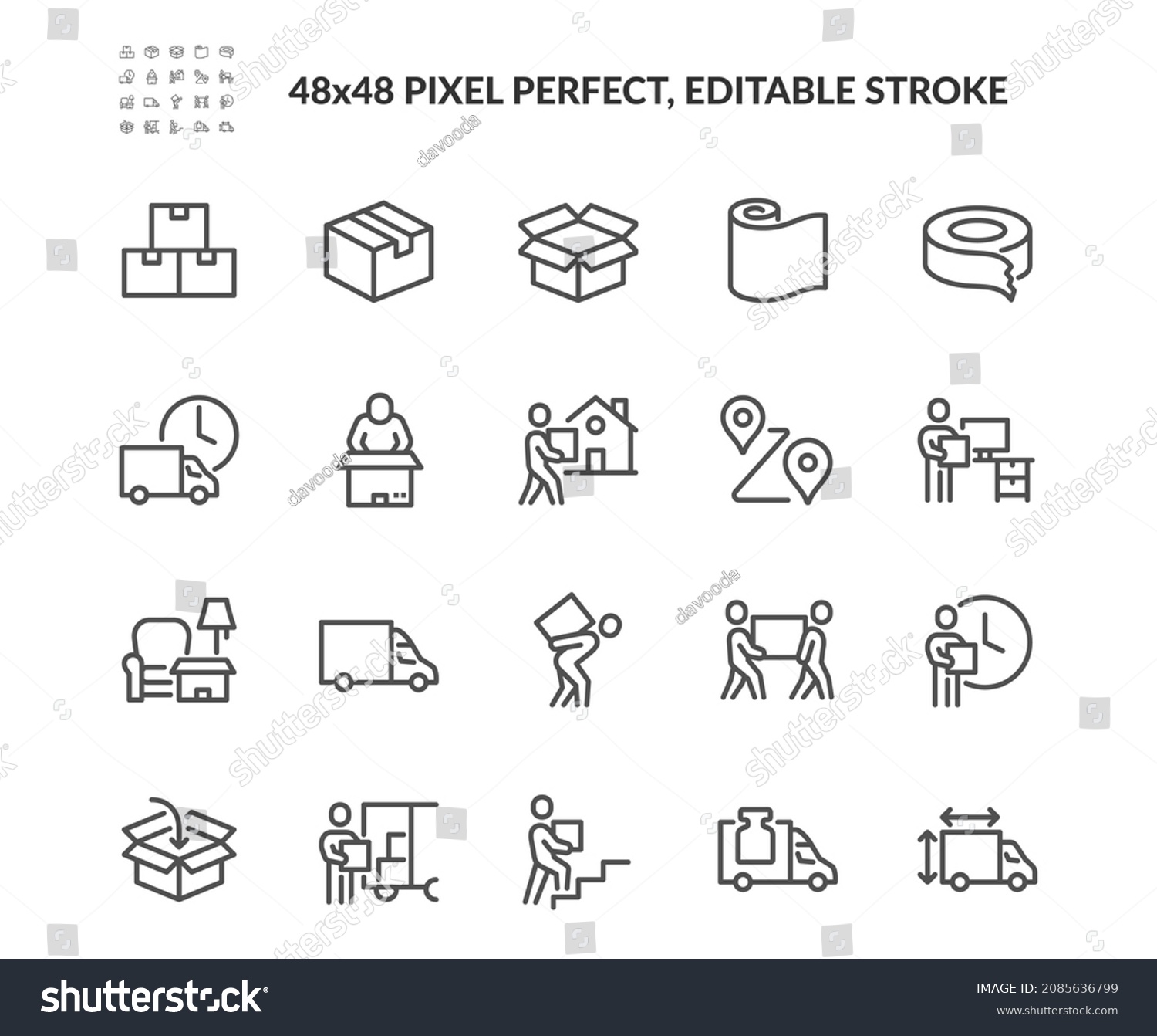 Simple Set of Moving Service Related Vector Line Icons. 
Contains such Icons as Office Move, Vehicle Cargo Stats, Loaders and more. Editable Stroke. 48x48 Pixel Perfect. #2085636799