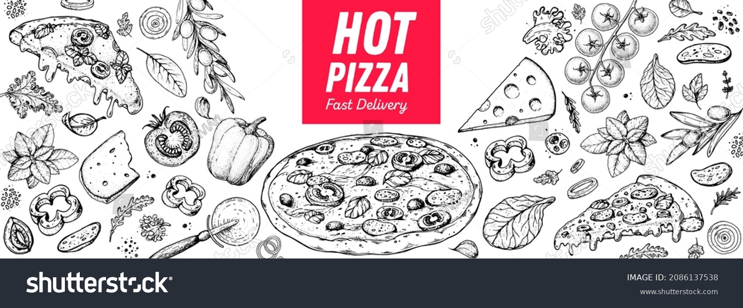 Italian pizza and ingredients. Italian food menu design template. Pizzeria menu design template. Vintage hand drawn sketch vector illustration. Engraved image. #2086137538