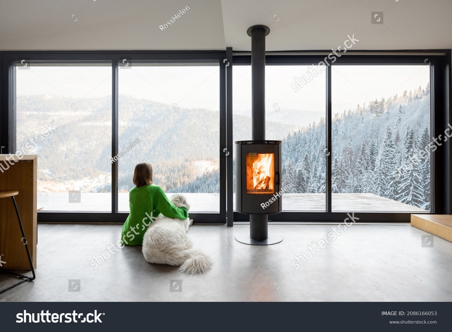 Woman sitting with dog near fireplace and panoramic window at modern living room with stunning view on snowy mountains. Concept of rest in houses or cabins on nature. Idea of escape from everyday life #2086166053