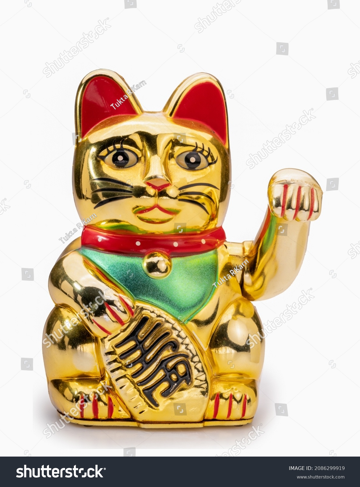 Maneki-neko money cat on white background or lucky cat glitter gold is mean welcoming more money and gold, good luck good fortune to the owner. #2086299919
