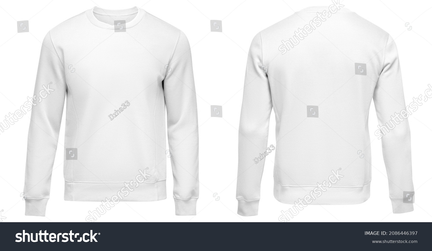 White sweatshirt template. Pullover blank with long sleeve, mockup for design and print. Sweatshirt front and back view isolated on white background #2086446397