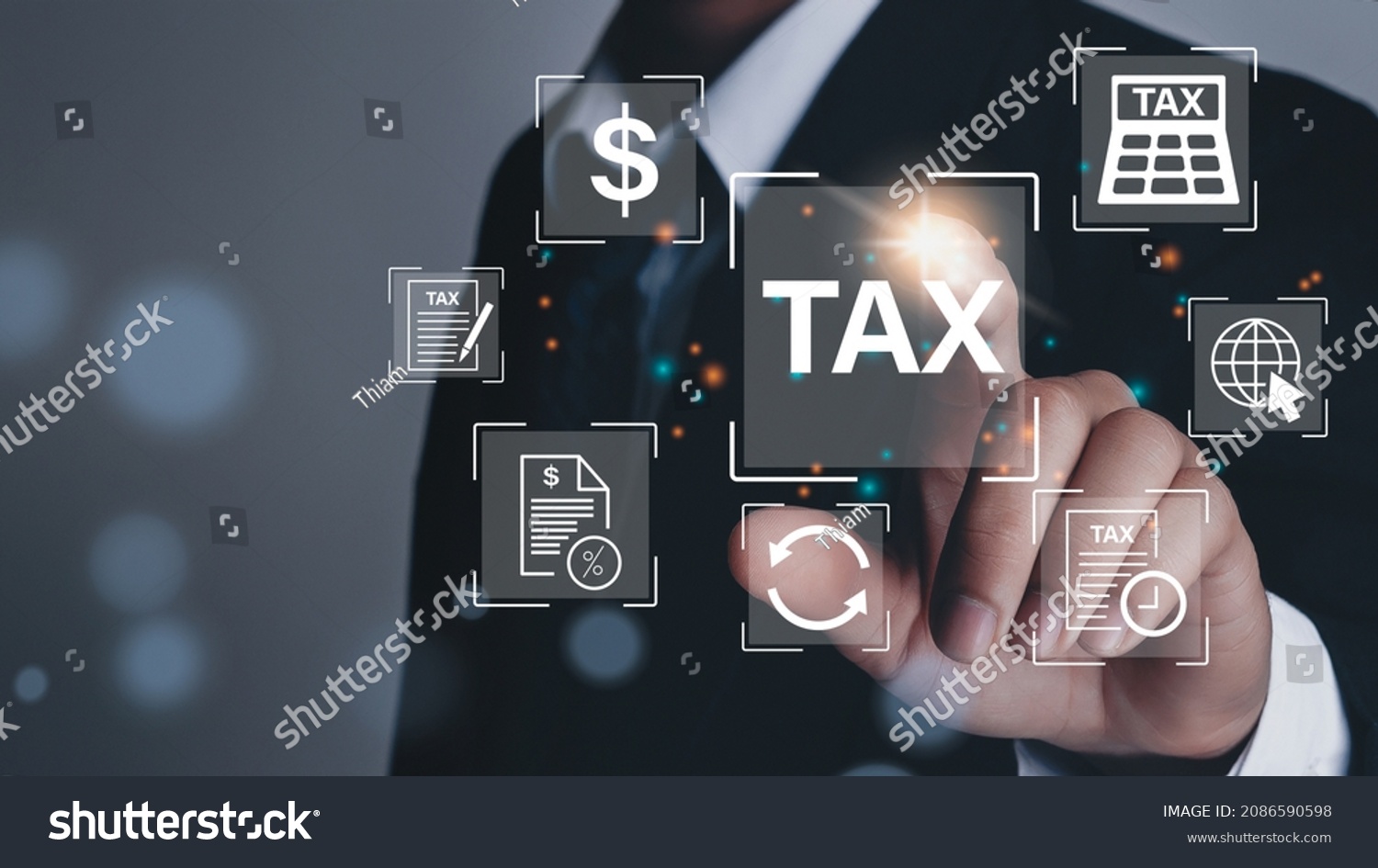 Business hand clicks virtual screen to tax return online for tax payment by corporations such as VAT, income tax, and property tax.  #2086590598