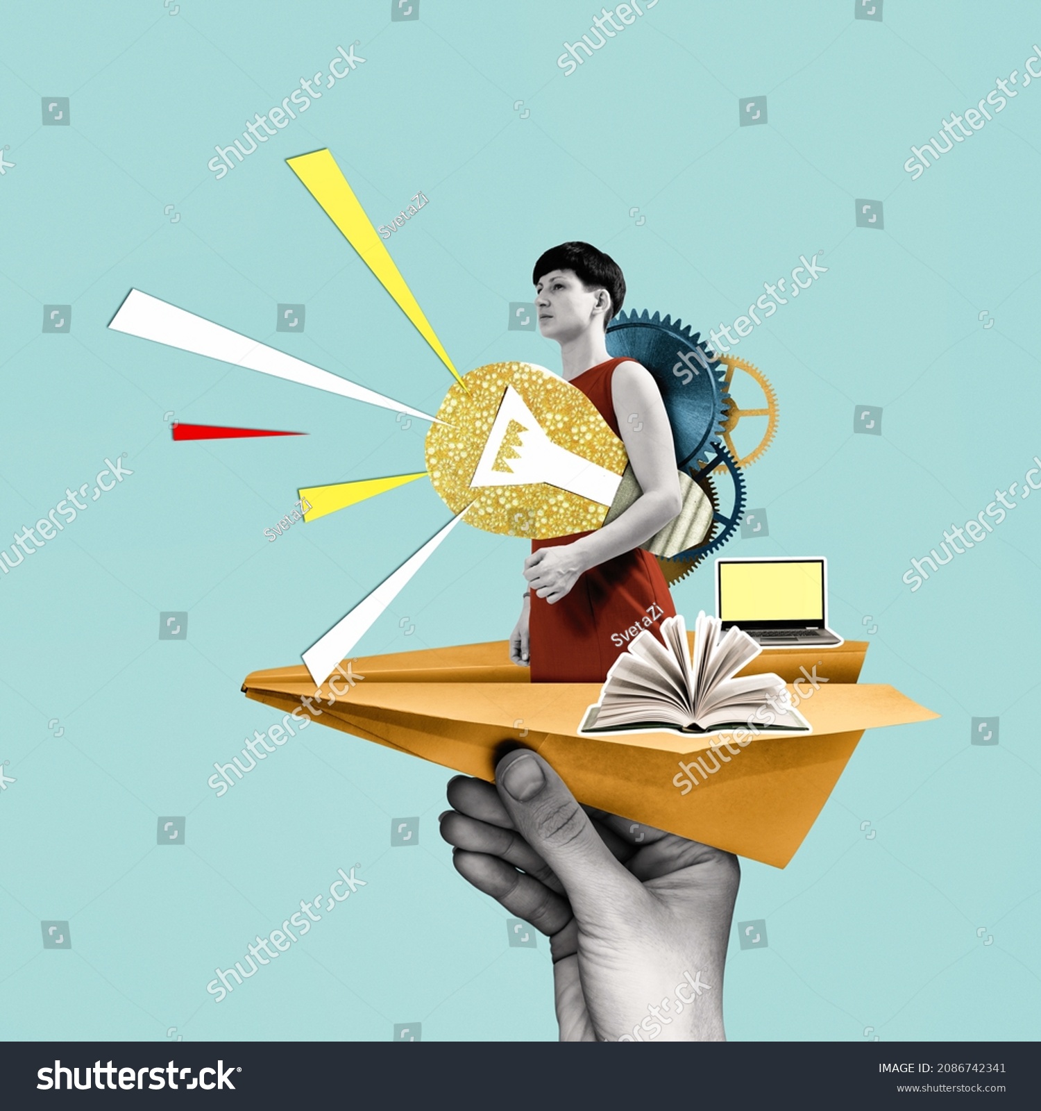 Woman with a light bulb in a paper airplane. Creativity and uniqueness in business and education. Art collage. #2086742341