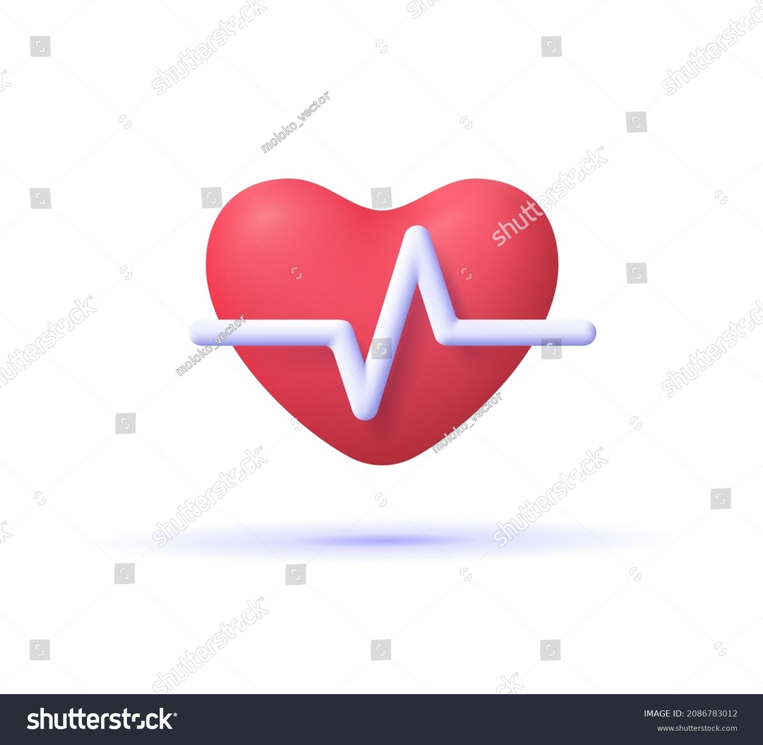 Red heart with white pulse line on white background. Heart pulse, heartbeat lone, cardiogram. Healthy lifestyle, cardiac assistance, pulse beat measure, medical healthcare concept. 3d vector icon.  #2086783012