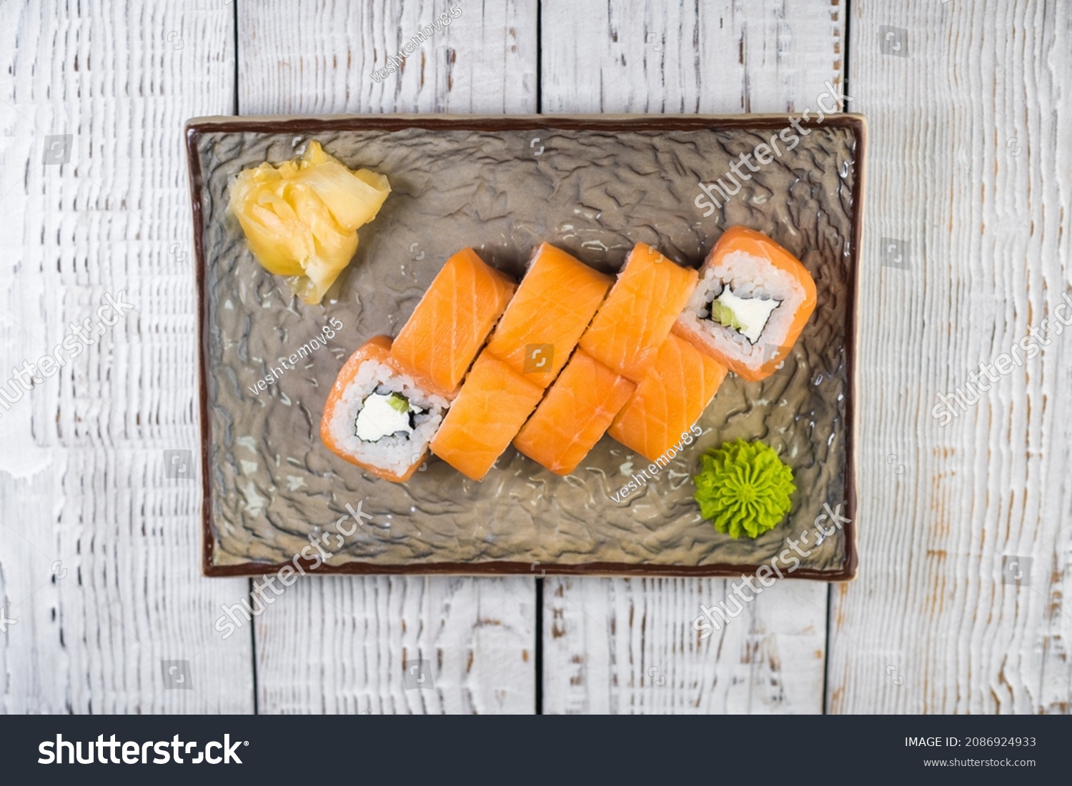 Sushi rolls with shrimp. Traditional Japanese food. Top view. On a white background. #2086924933