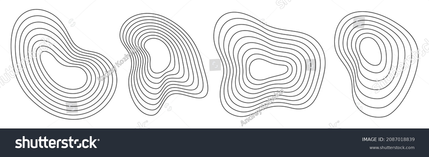 Set of 4 abstract liquid geometric shapes. Dynamical forms with lines, isolated on white background. Graphic elements. Template for poster, logo, cover design. Vector black and white illustration. #2087018839