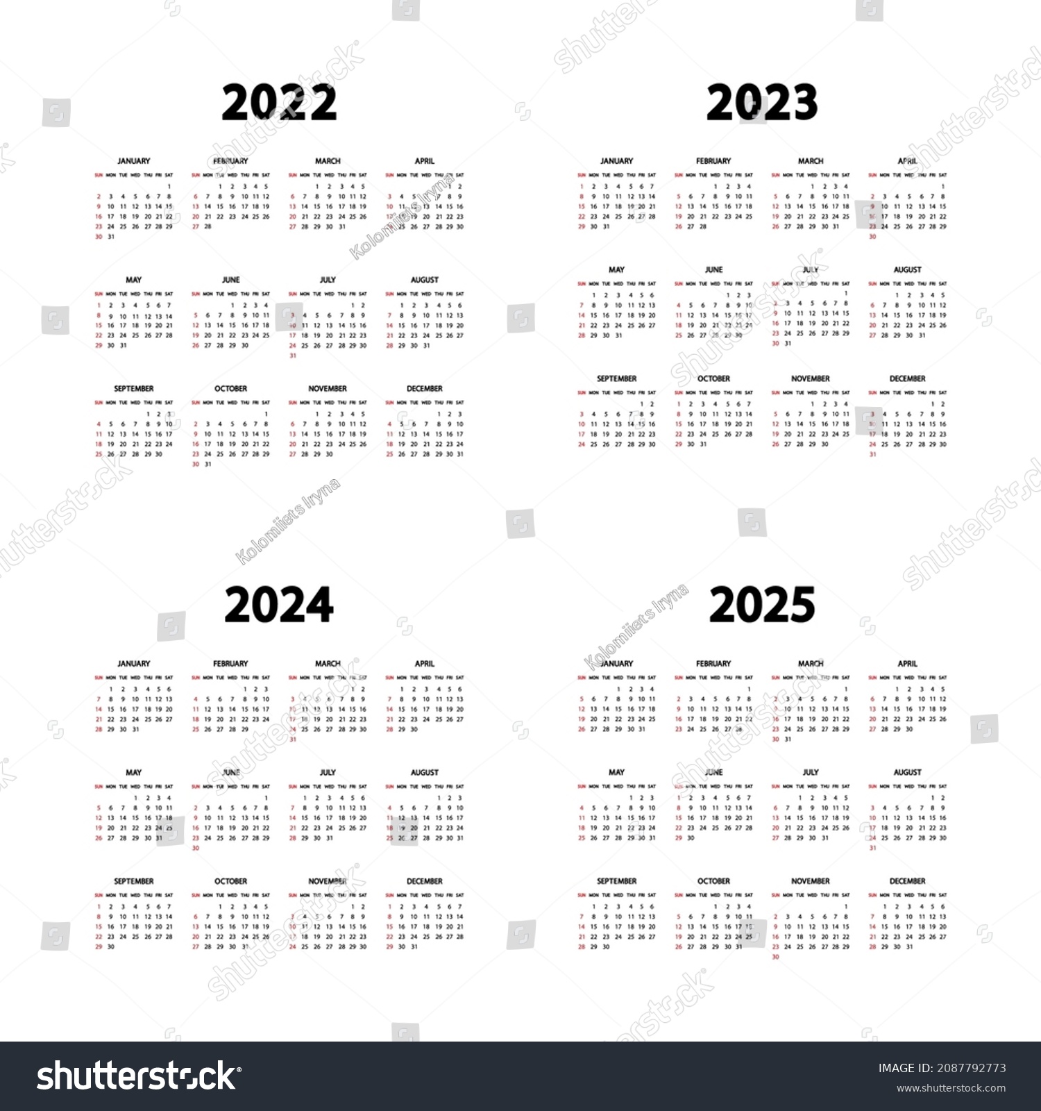 Calendar 2022, 2023, 2024 and 2025 years. The - Royalty Free Stock ...