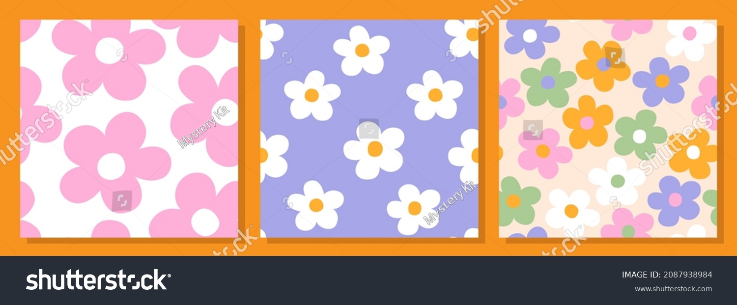 Set of three abstract square seamless patterns with vintage groovy daisy flowers. Retro floral vector background surface design, textile, stationery, wrapping paper, covers. 60s, 70s, 80s style #2087938984