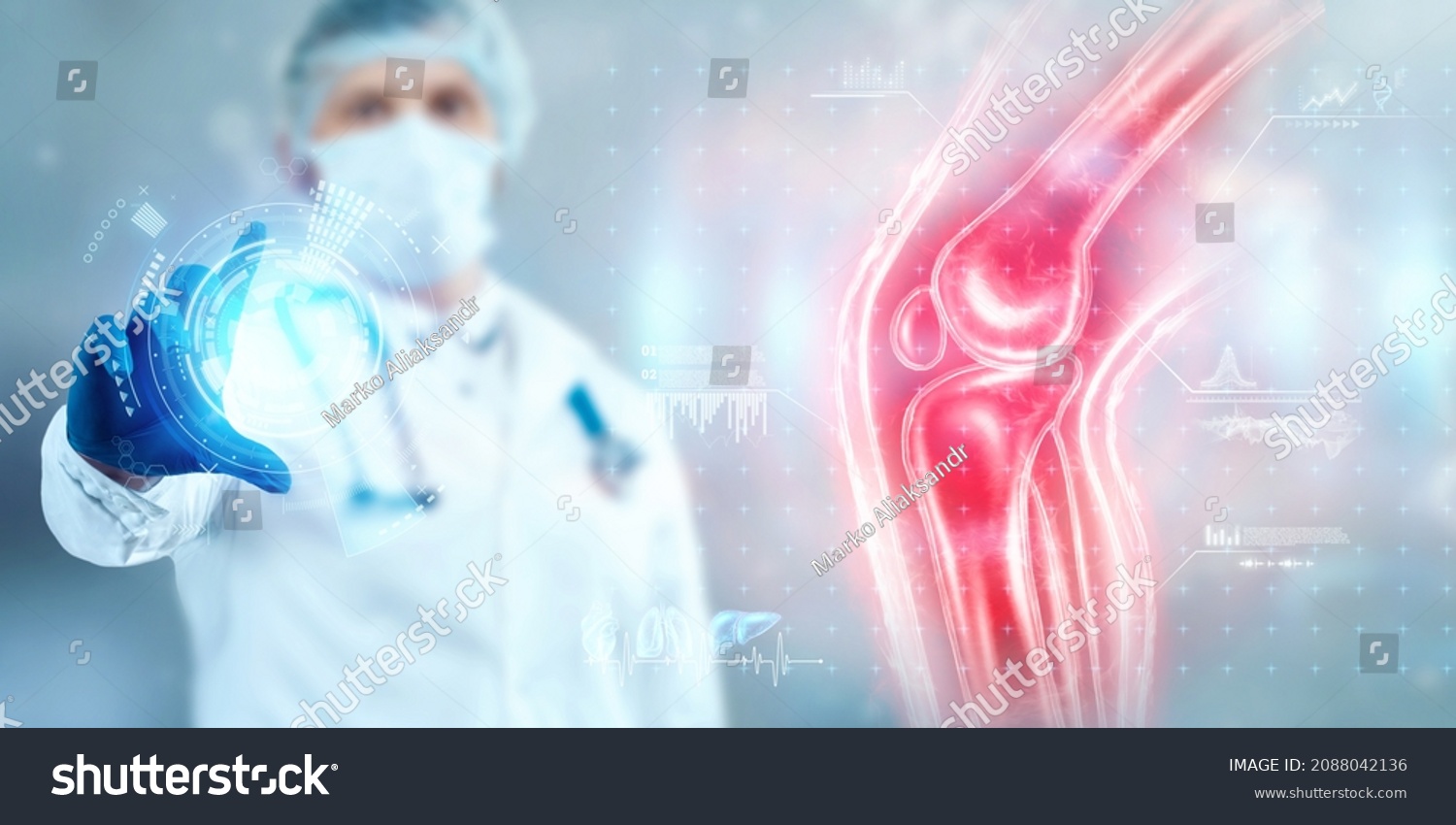 The doctor looks at a hologram of a sore knee, severe pain. X-ray image, trauma, rheumatologist consultation, skeletal image, medical concept, medical technologies of the future, pain when walking #2088042136