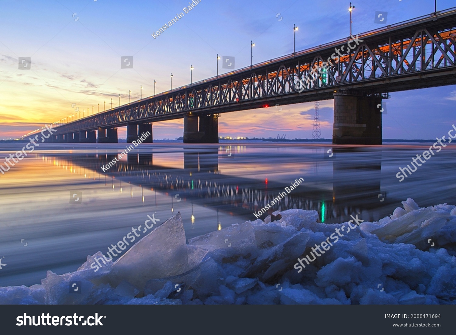 Ice drift on the Amur river. Motion blur. Khabarovsk, Amur bridge area, Trans Siberian railway. Far East, Russia. #2088471694