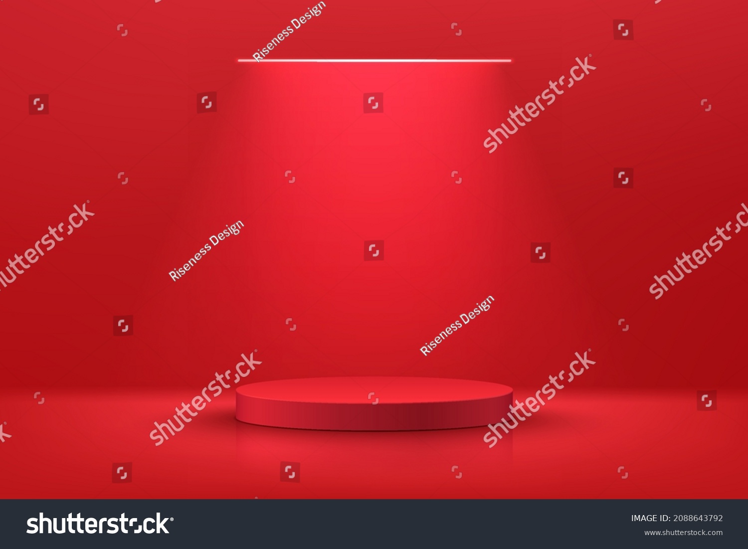 Abstract realistic 3D red cylinder pedestal or podium with illuminate horizontal neon lamp. Dark red minimal scene for product display presentation. Vector rendering geometric platform design. #2088643792