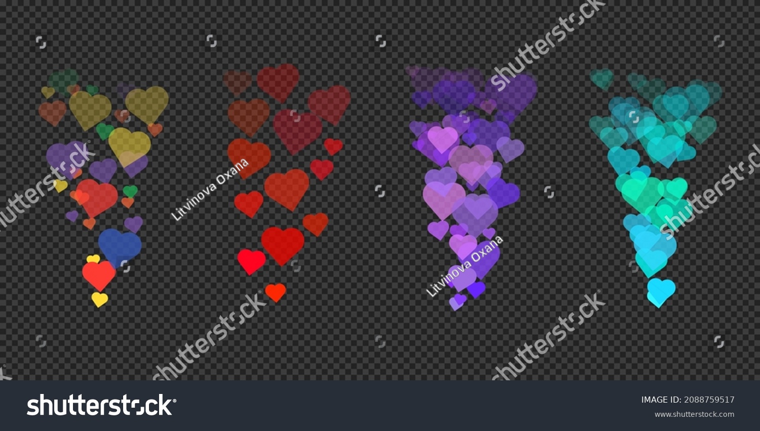 Live like stream social network reactions. Set of colorful vector flying away hearts for chat or online video feedback on transparent background. Web ui elements. Floating symbols of different size #2088759517