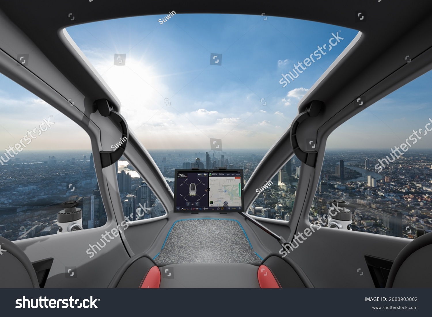 Autonomous driverless aerial vehicle flying on city background, Future transportation with 5G technology concept #2088903802