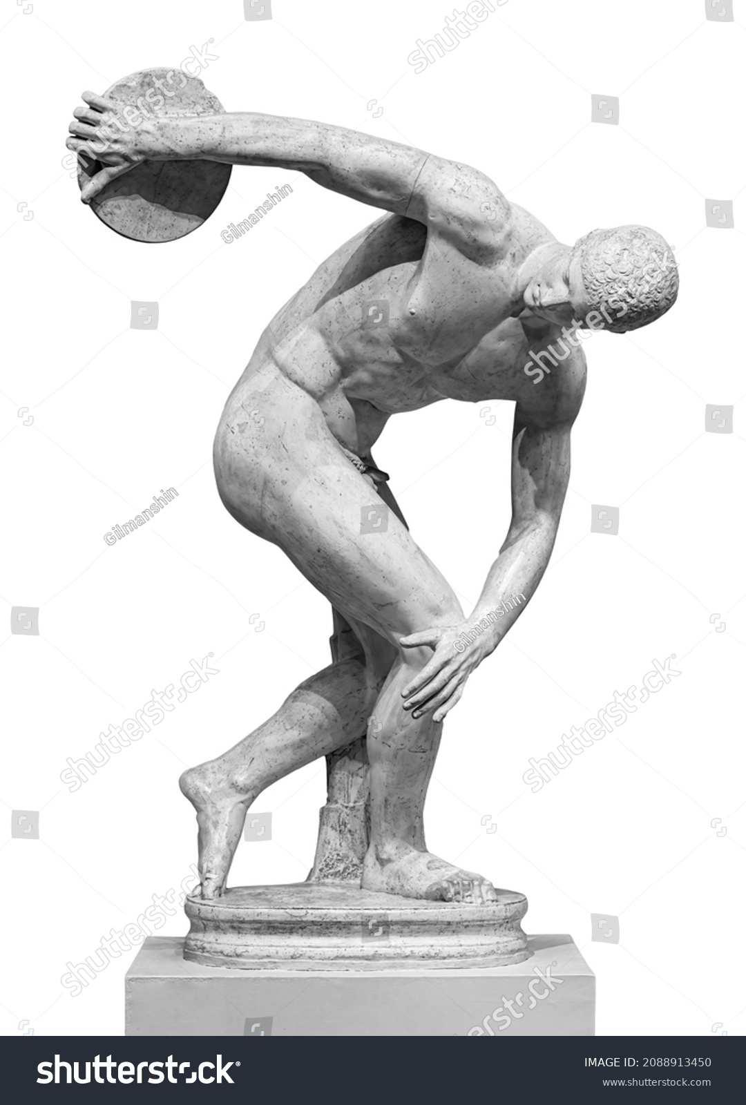 Discus thrower discobolus statue. A part of the ancient Olymp games. A Roman copy of the lost bronze Greek sculpture. Isolated on white background #2088913450
