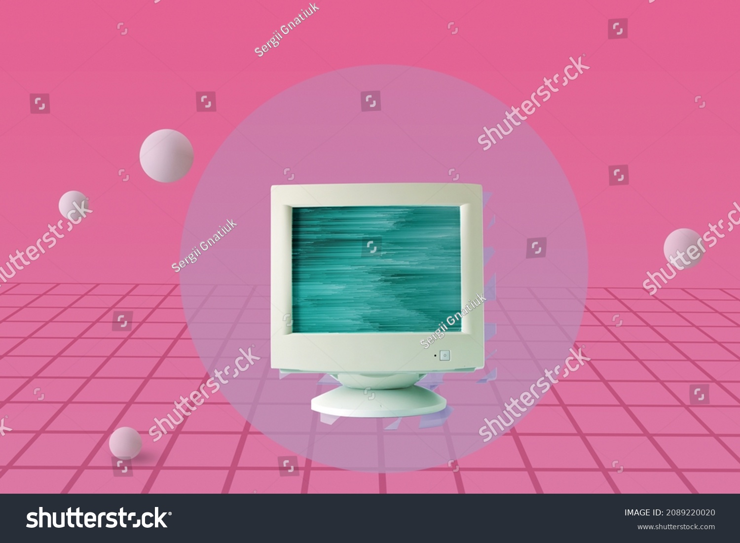 Glitch on retro computer screen in collage of vaporwave on pacific pink background. Minimal futuristic retrowave concept. #2089220020