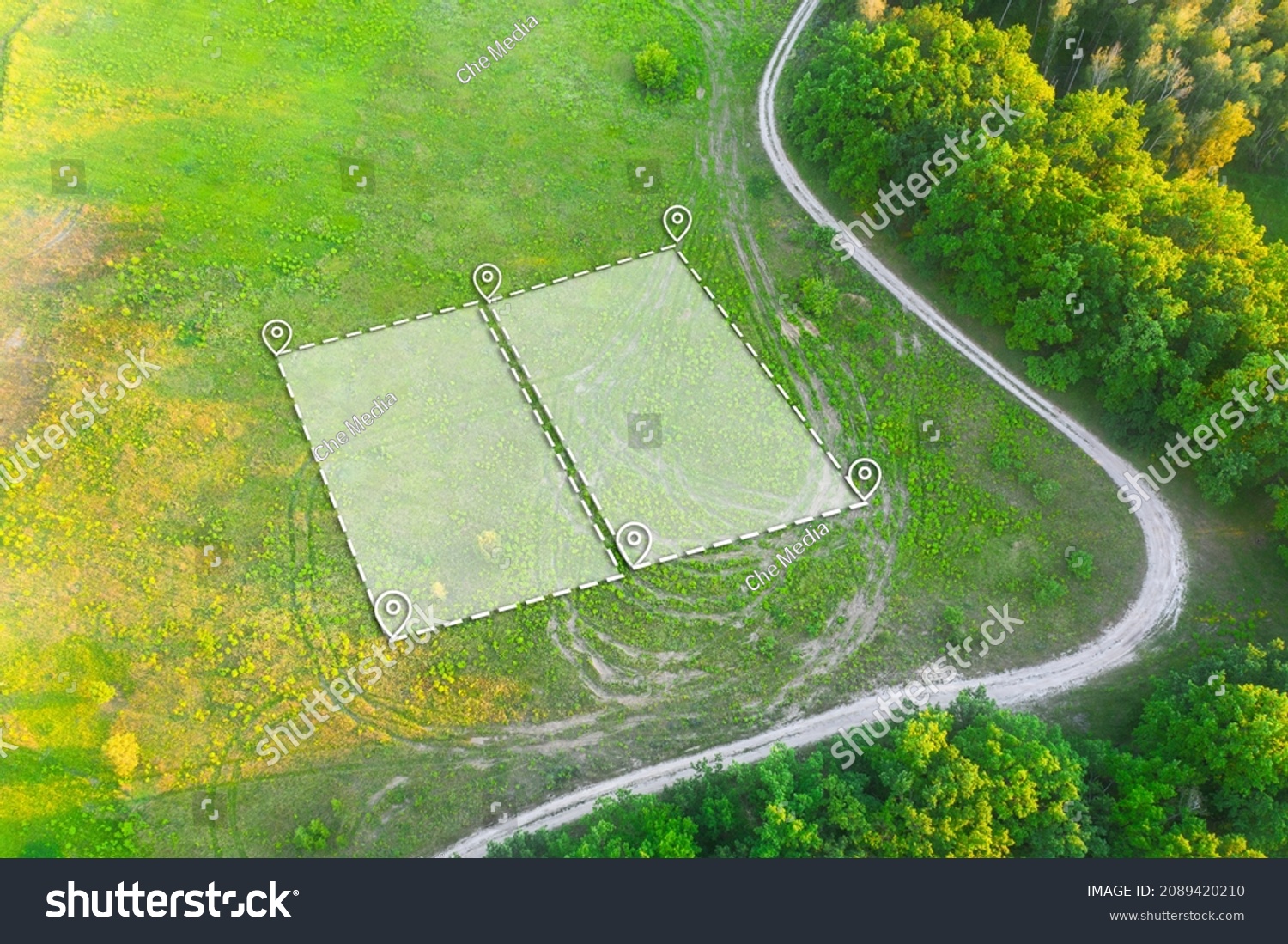 Land Plot for Housing on green field - aerial drone shot. Topographical Marking of two plots of Land for Private Residence House Construction. Land Plot plan Marking with white Overlay. #2089420210