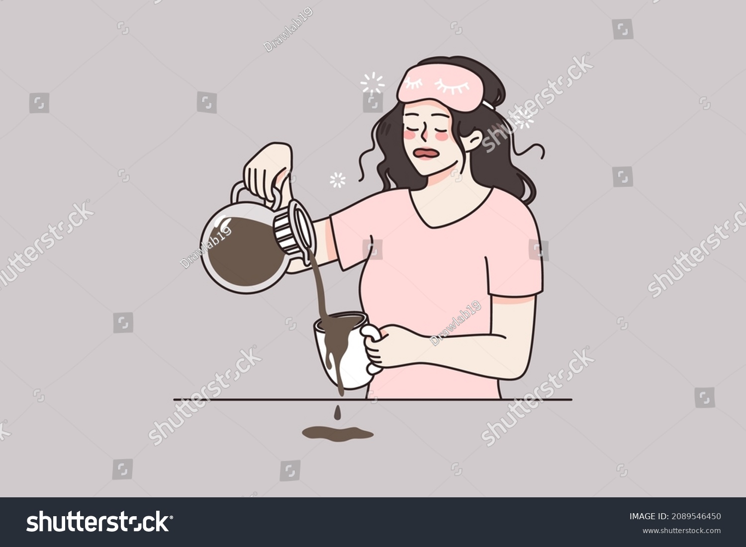 Sleepy tired young woman make coffee in morning feel fatigue after sleepless night. Drowsy girl exhausted need sleep relaxation. Early wakeup and exhaustion. Stress and burnout. Vector illustration.  #2089546450