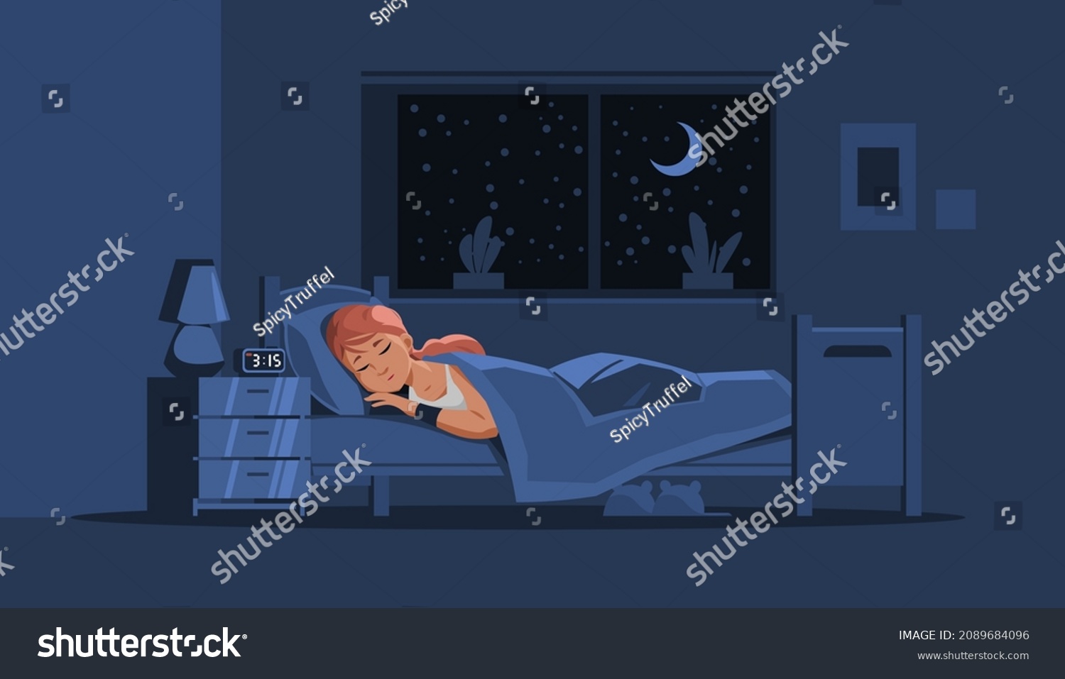 Girl Sleeping In Bed Night Scene With Young Royalty Free Stock Vector 2089684096