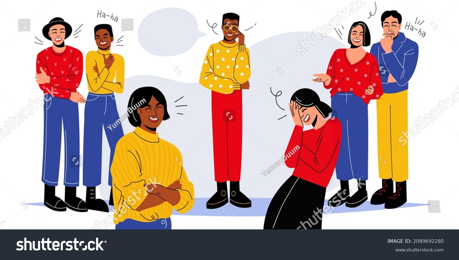Laughing joke friends. People laugh loudly at funny anecdote. Joint fun. Company ringleader and soul. Comic conversation. Positive emotion expression. Chuckling persons. Vector concept #2089692280