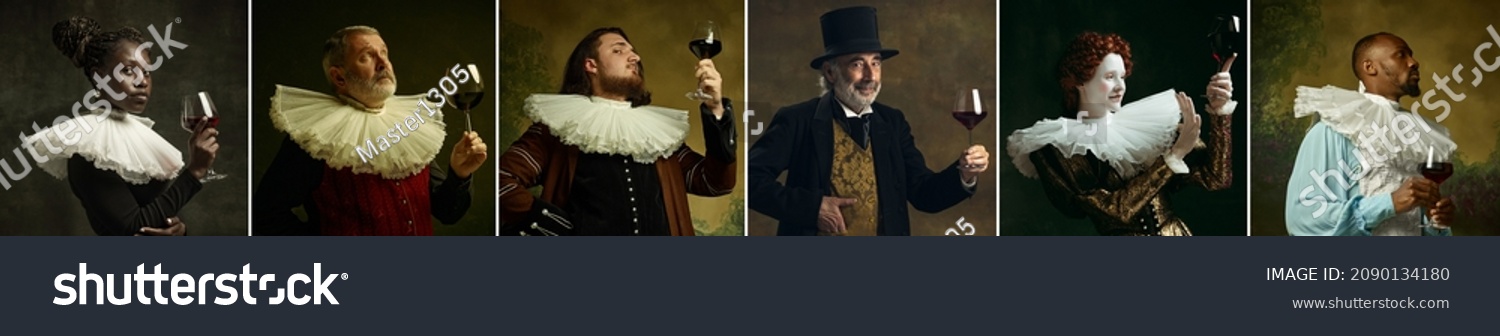 Tasting wine. Multi Ethnic people in image of medieval royalty persons in vintage clothing on dark background. Concept of comparison of eras, modernity and renaissance, baroque style. Photo set. #2090134180
