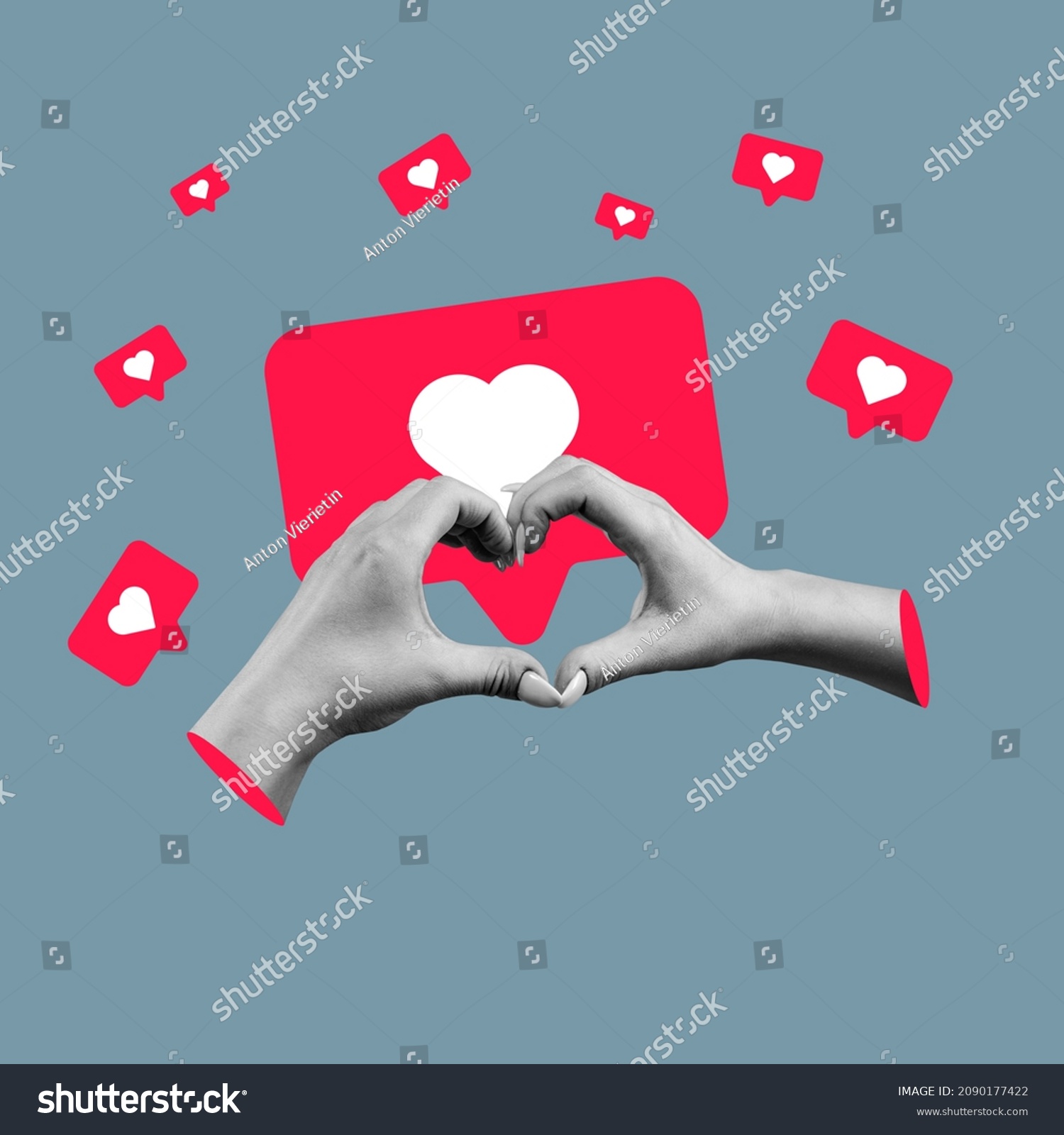 Social media like icons. Contemporary art collage of hands making heart shape isolated over gray background. Concept of social meadia addiction, popularity, influence, modern lifestyle and ad #2090177422