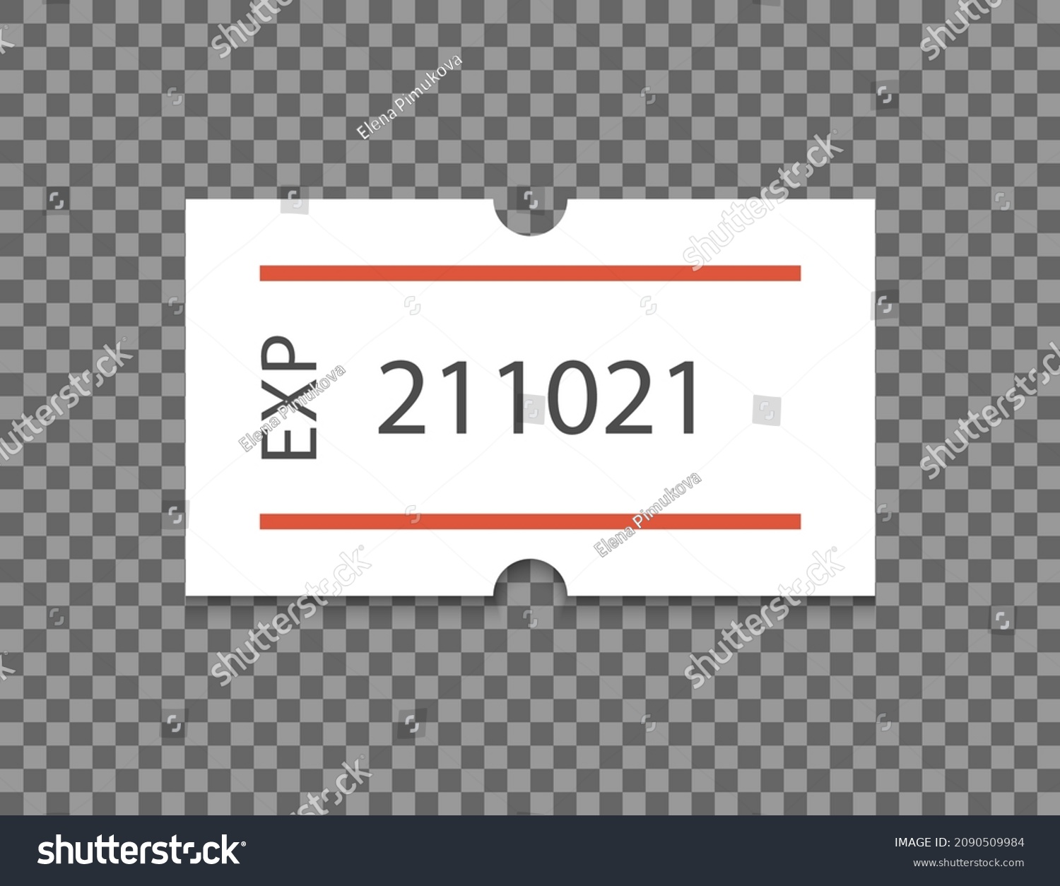 Expired date self-adhesive paper tag with two red stripes. Best before. Price label. White sticker to indicate the expiration date. Vector illustration isolated on transparent background. #2090509984