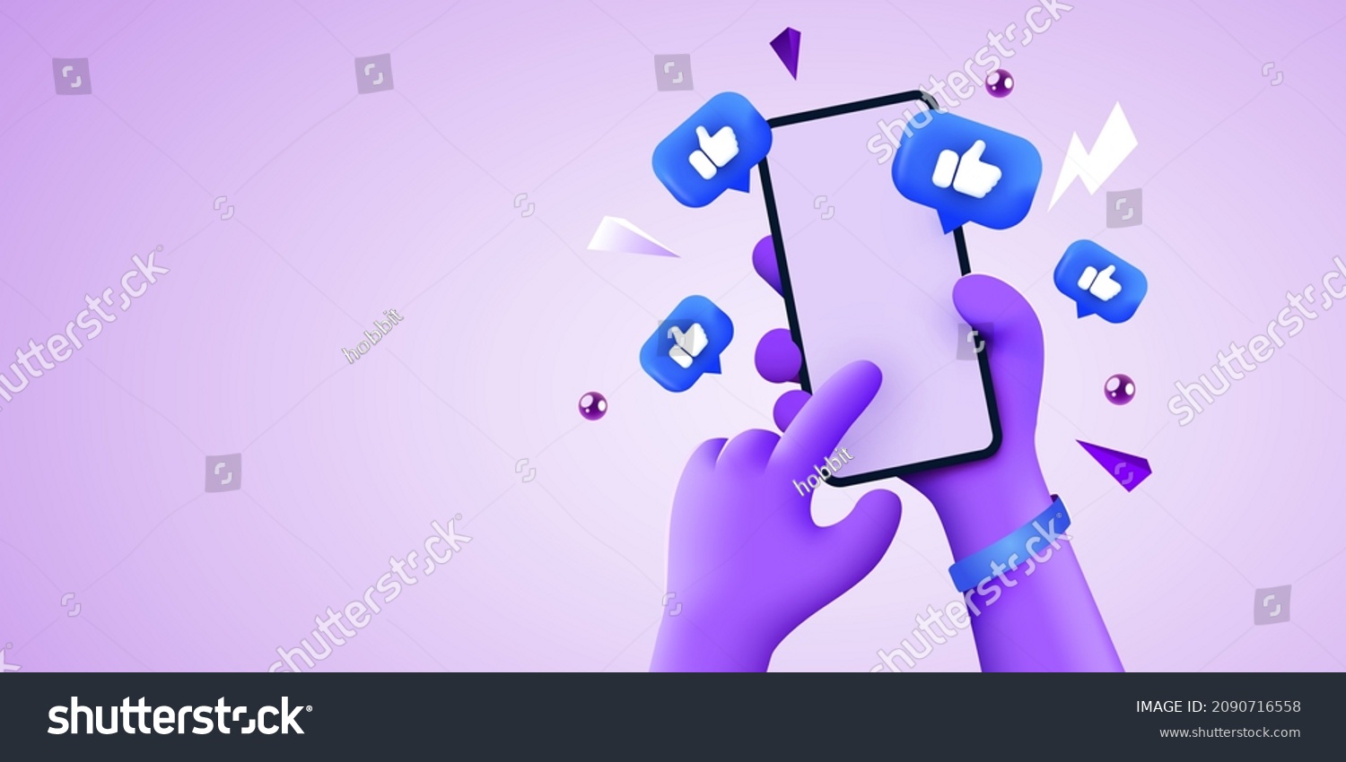 Cute 3D cartoon hand holding mobile smartphone with Likes notification icons. Social media and marketing concept. Vector illustration #2090716558