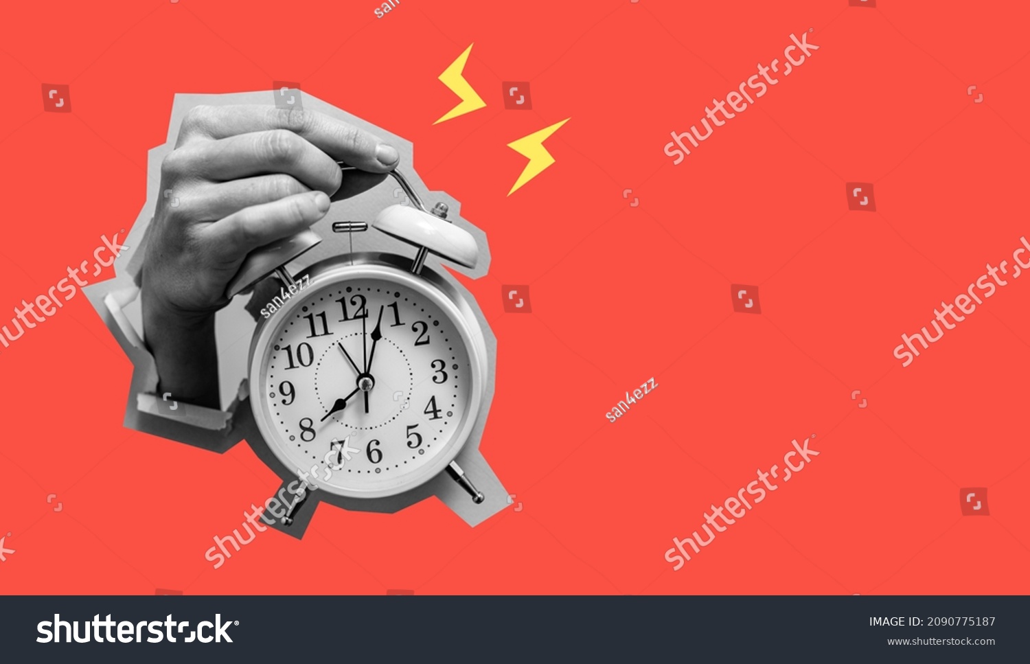 Female hand holding alarm clock through paper background. Inspiration, idea concept, trendy magazine style. art collage. It's time #2090775187