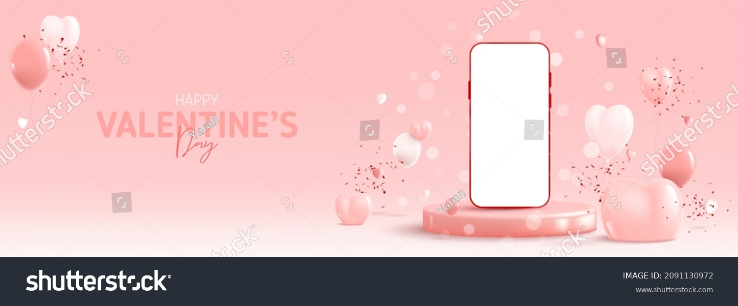 Happy Valentine's Day holiday card. Vector illustration with smartphone, hearts, balloons and confetti on podium with neon circle. Greeting design with abstract 3d composition for Valentine's Day.  #2091130972