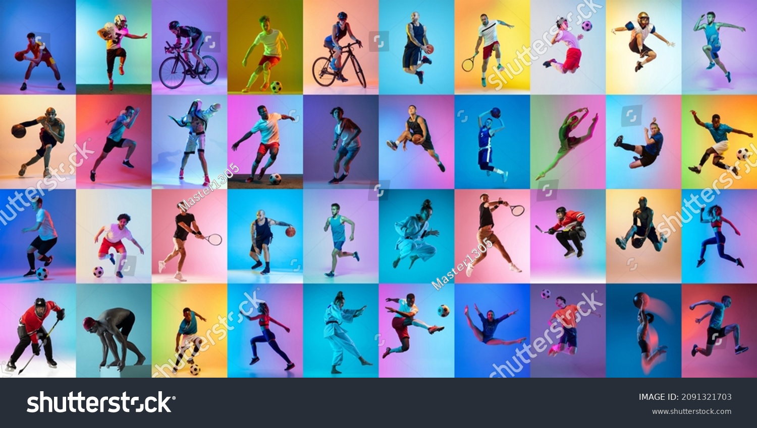 Judo, basketball, football, tennis, cycling, swimming and hockey. Set of images of different professional sportsmen, fit people in action, motion isolated on multicolor background in neon. Collage #2091321703