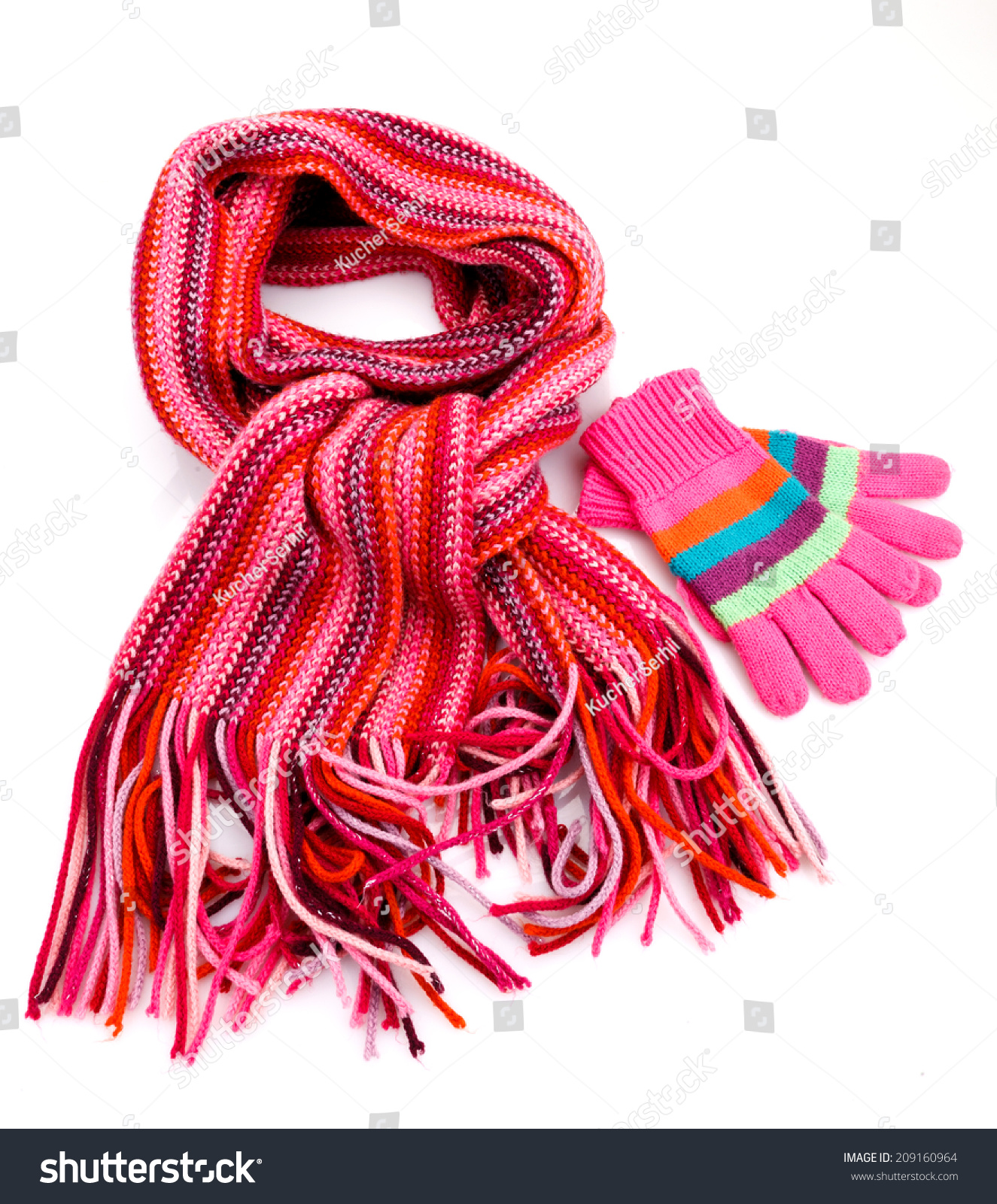 Striped scarf and gloves  isolated  on white #209160964