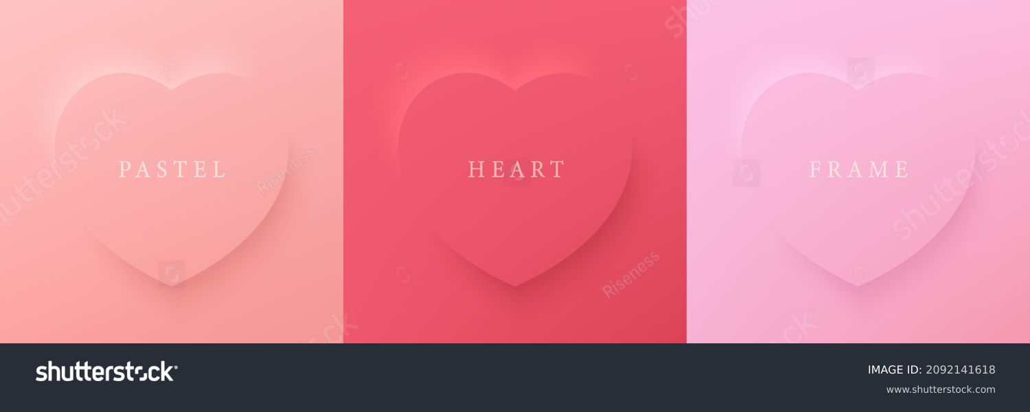 Set of pastel pink and red soft 3D heart shape frame design. Collection of geometric backdrop for cosmetic product display. Elements for valentine day festival design. Top view. Vector illustration #2092141618