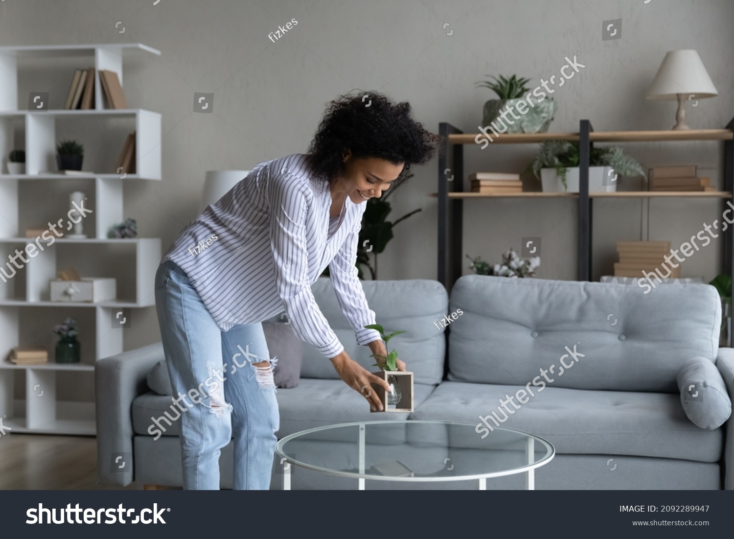 Happy African American woman taking care about green house plant in cozy modern living room at home, smiling young female satisfied tenant homeowner decorating own apartment, interior design concept #2092289947