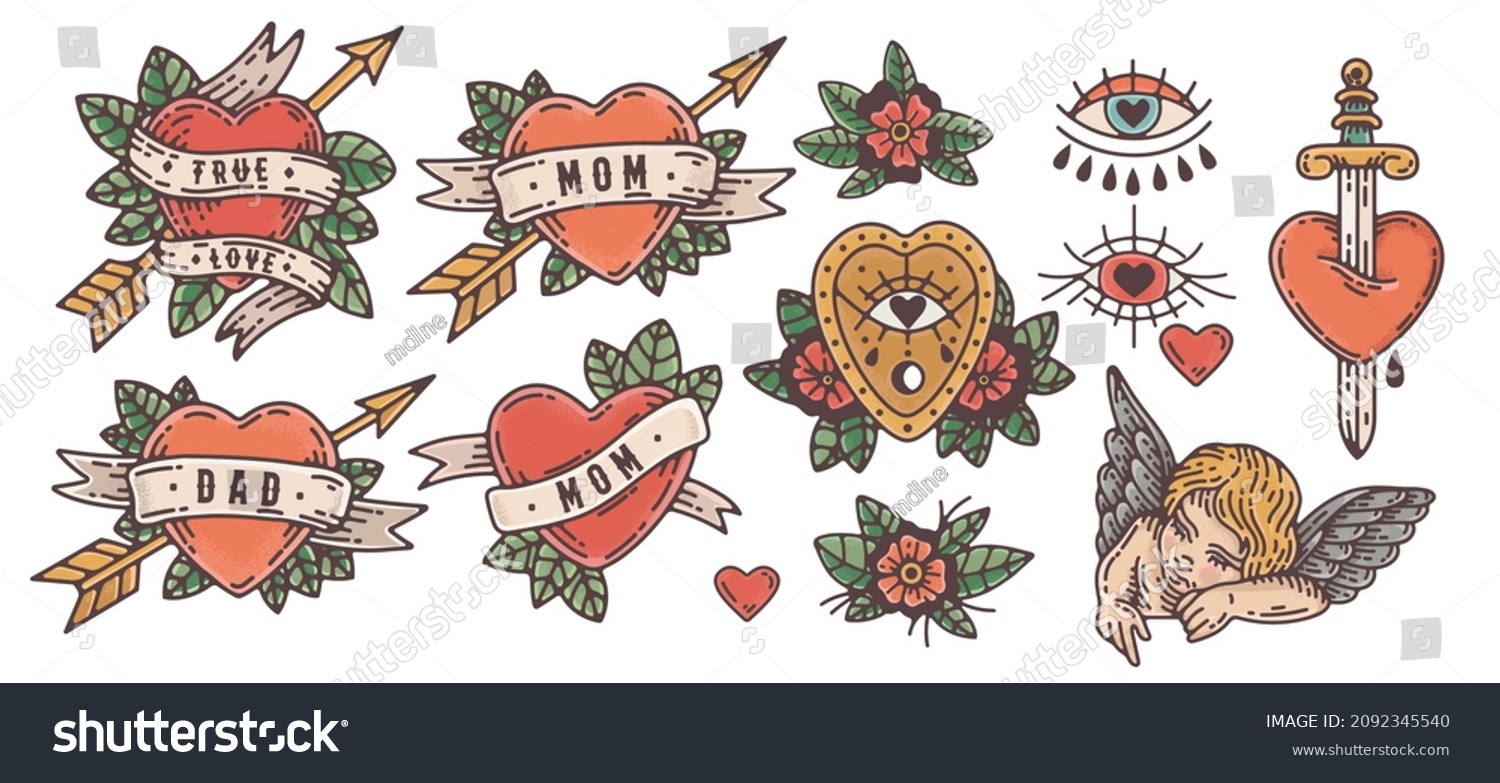 old school tattoo illustration vector set. hand drawn valentine heart illustrations, angel, pierced heart, mom heart tattoo, dad heart tattoo, amor, love  traditional tattoo style #2092345540