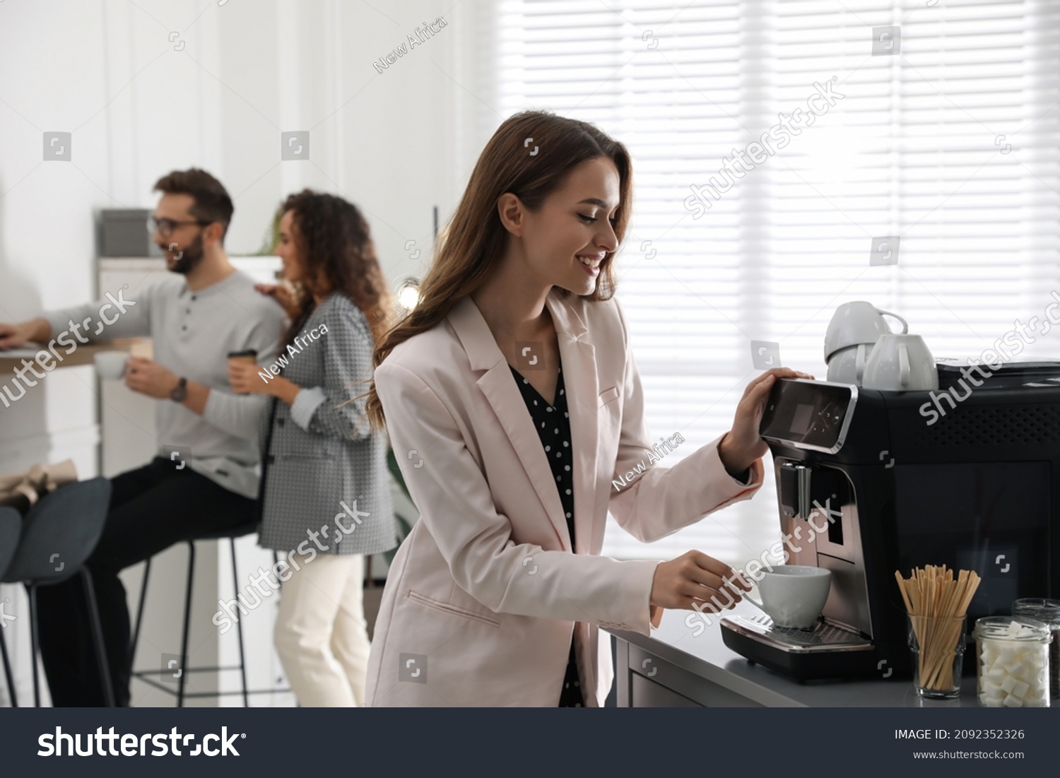 Woman preparing fresh aromatic coffee with modern machine in office #2092352326