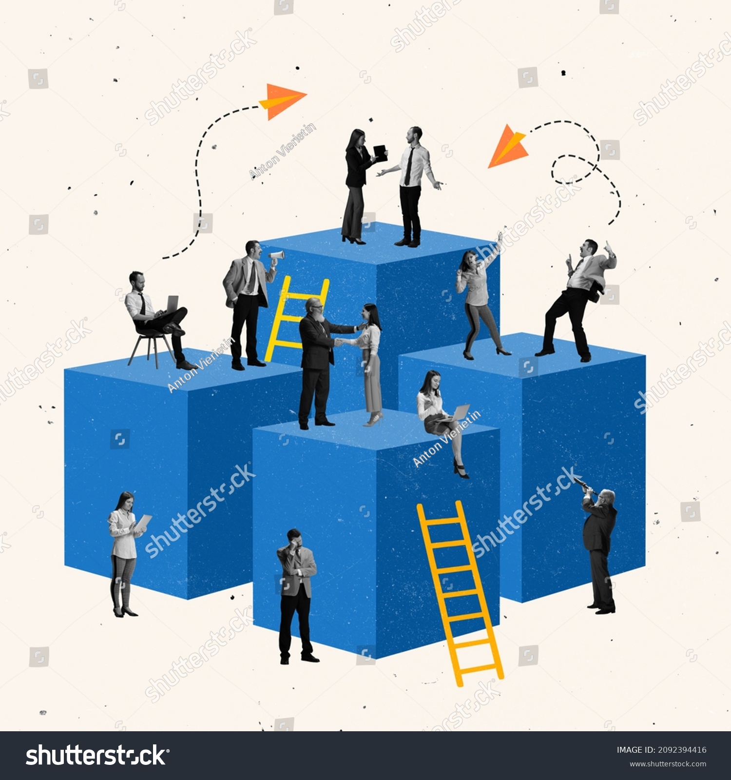 Contemporary design. Creative business design showing personal growth of employees, company success and development. Concept of career, team work, success, ideas, projects, money. Copy space for ad #2092394416