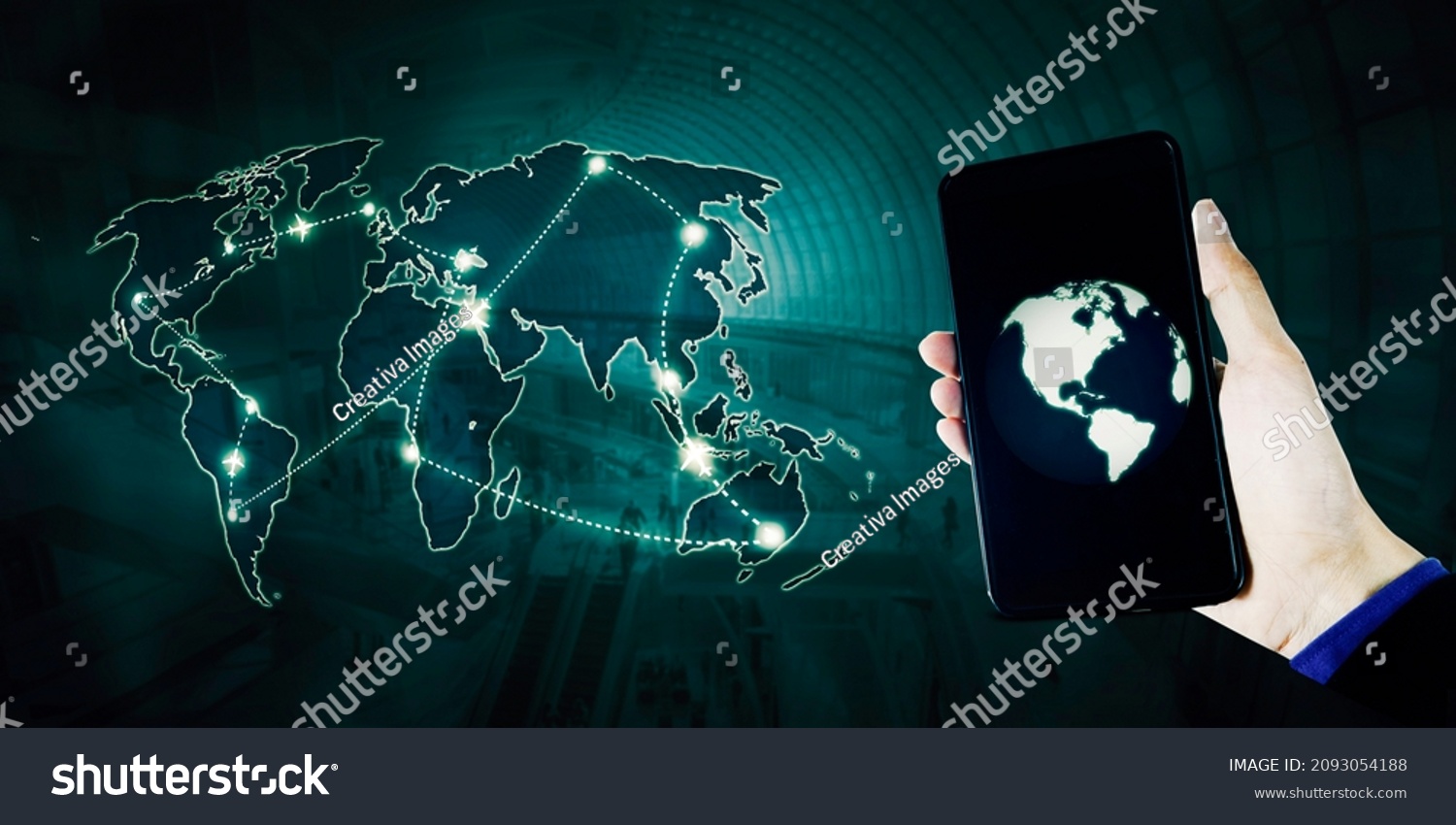 Young man using a cellphone app to looking at airplanes route over around world map with virtual screen background #2093054188