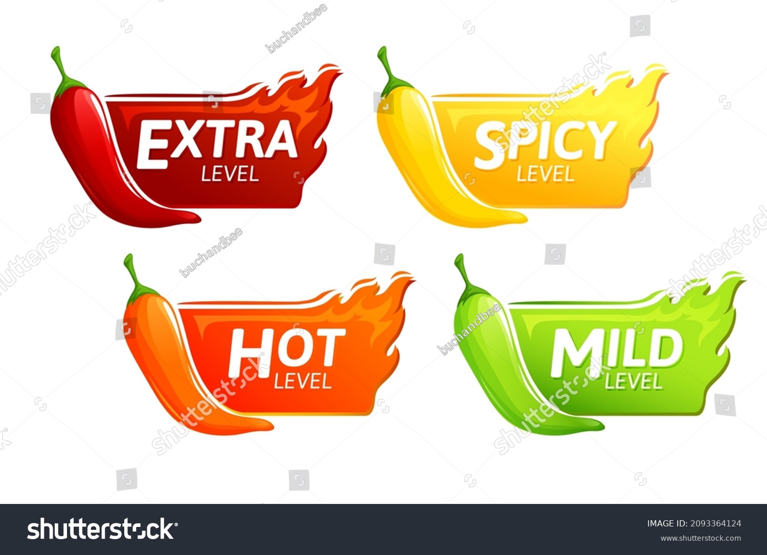 Spicy level hot chili red pepper, cayenne, jalapeno icons with fire flames. Vector spicy food level emblems collection, extra, spicy, hot and mild strength of sauce or snack food isolated set #2093364124