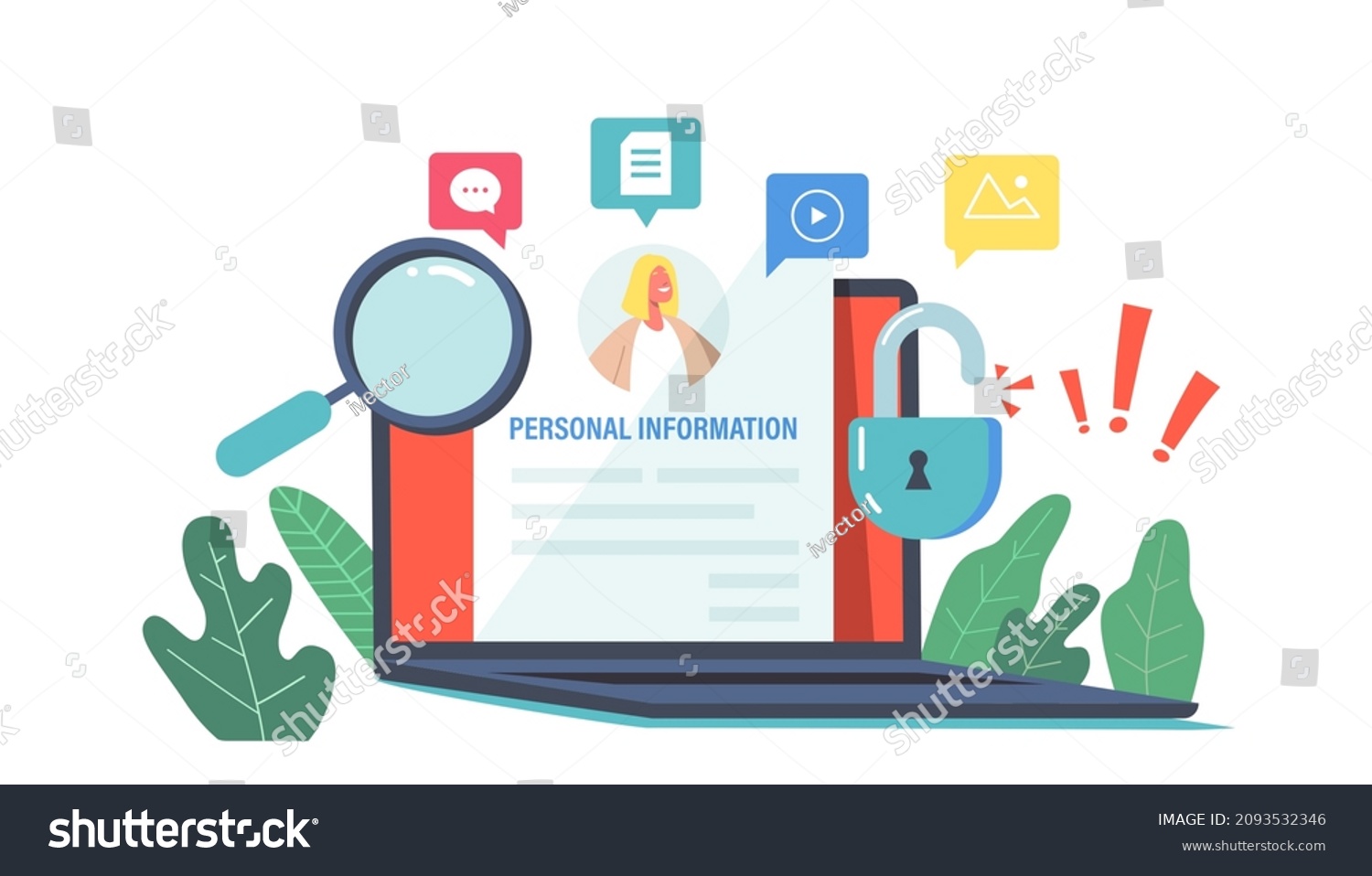 Doxxing Concept with Personal Data Information Search, Pc Computer and Magnifying Glass. Online Information Hacking and Exploit or Dissemination Results. Cartoon Vector Illustration #2093532346