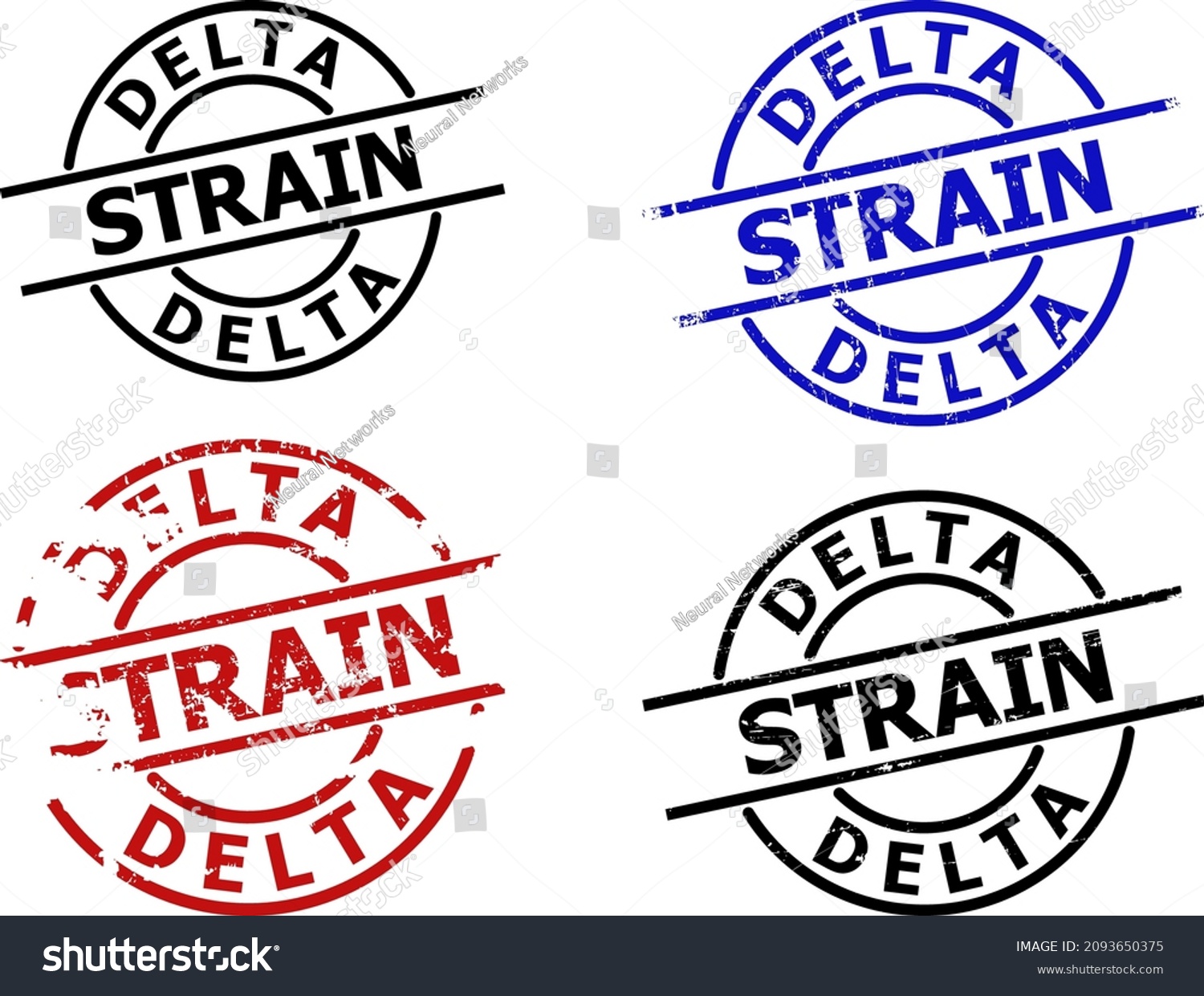 DELTA STRAIN seal stamp versions. DELTA STRAIN text is between parallel lines inside circle frame. Rough DELTA STRAIN seal stamp versions in red, black, blue colors, with unclean surface. #2093650375