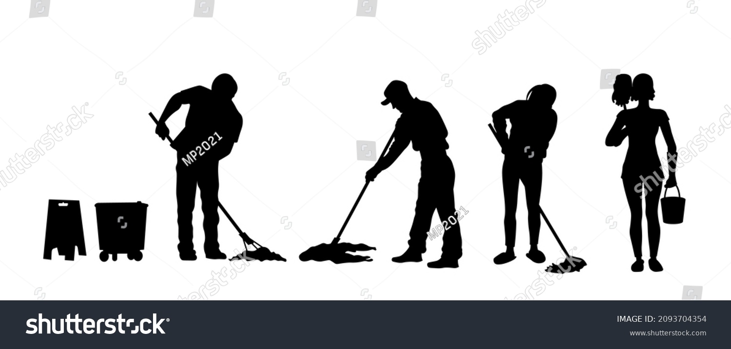People Cleaning Floor Silhouette Set Cleaners Royalty Free Stock Vector 2093704354 