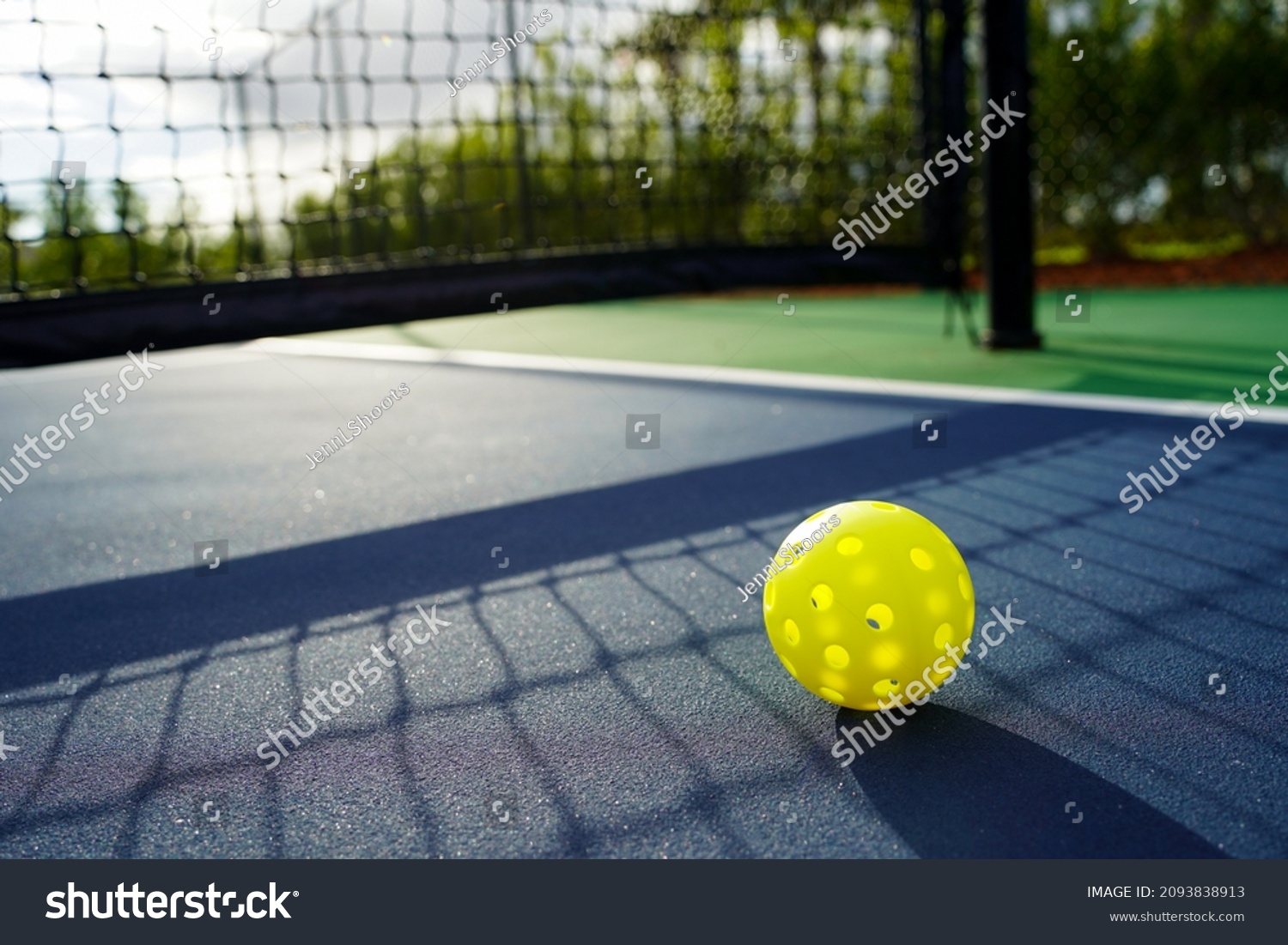Close up of a pickleball on a pickleball court.                         #2093838913
