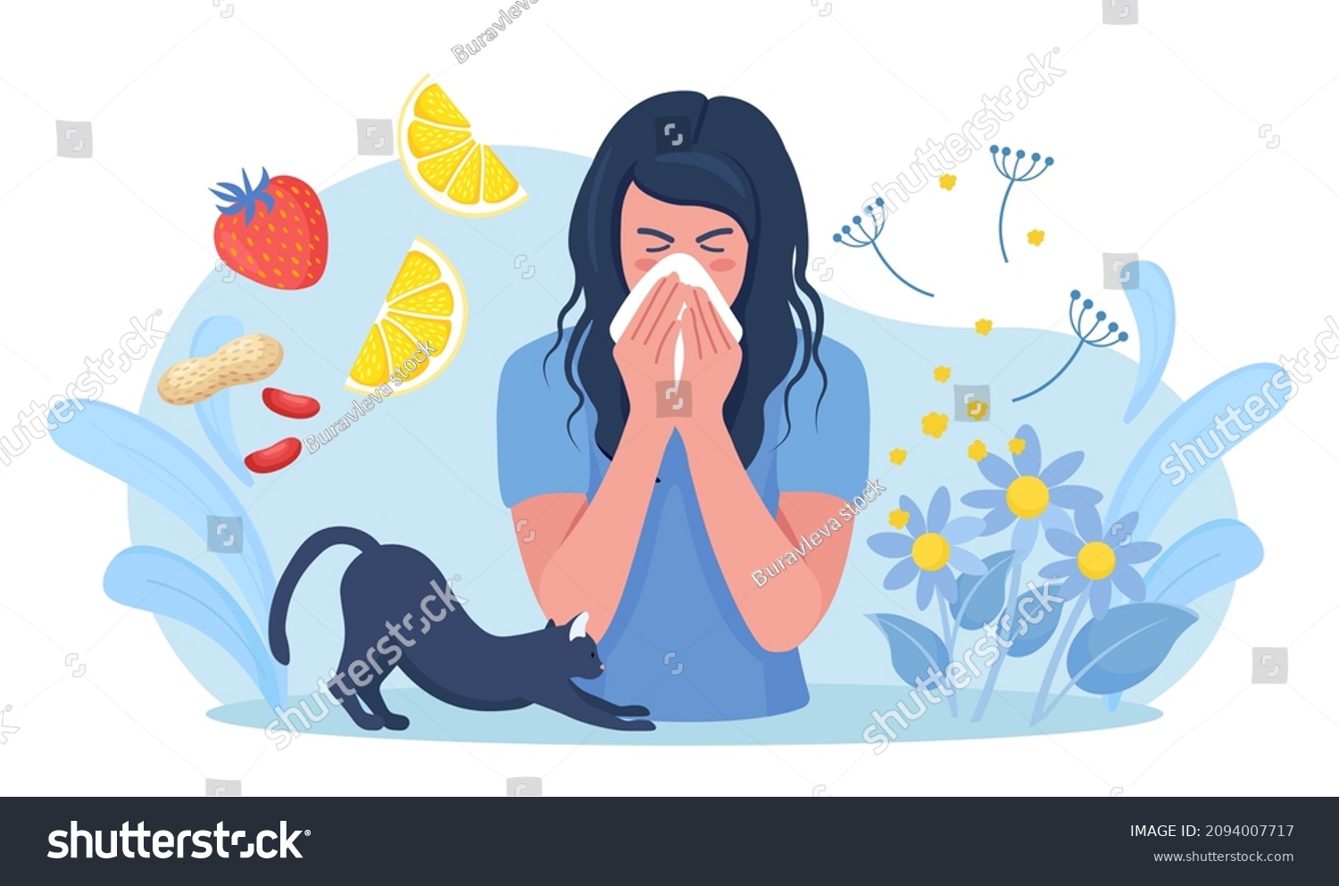 Woman with allergy from pollen, cat fur, citrus, peanuts or berry. Runny nose and watery eyes. Seasonal disease. Causes of allergy. Illness with cough, cold and sneeze symptoms. Vector illustration #2094007717
