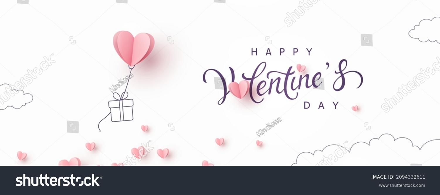 Valentine's Day postcard with paper flying elements and gift box on white sky background. Romantic poster. Vector symbols of love in shape of heart for greeting card design #2094332611