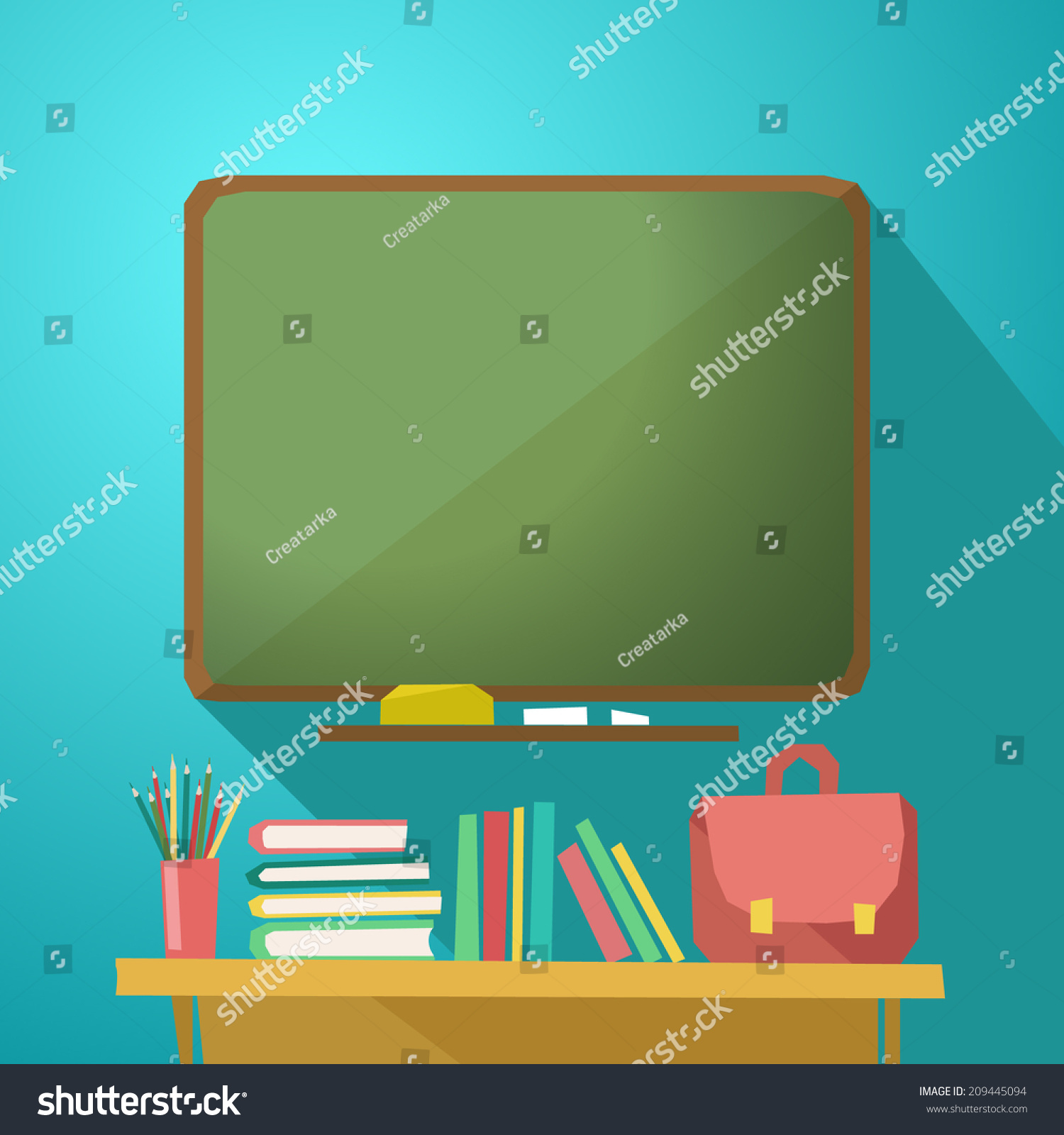 School green desk with school supplies, vector illustration in flat design   #209445094