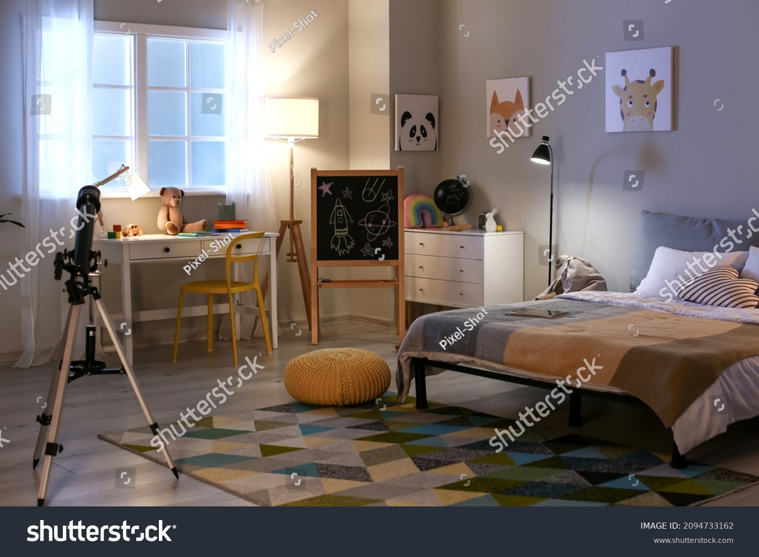 Interior of child's room with telescope in evening #2094733162