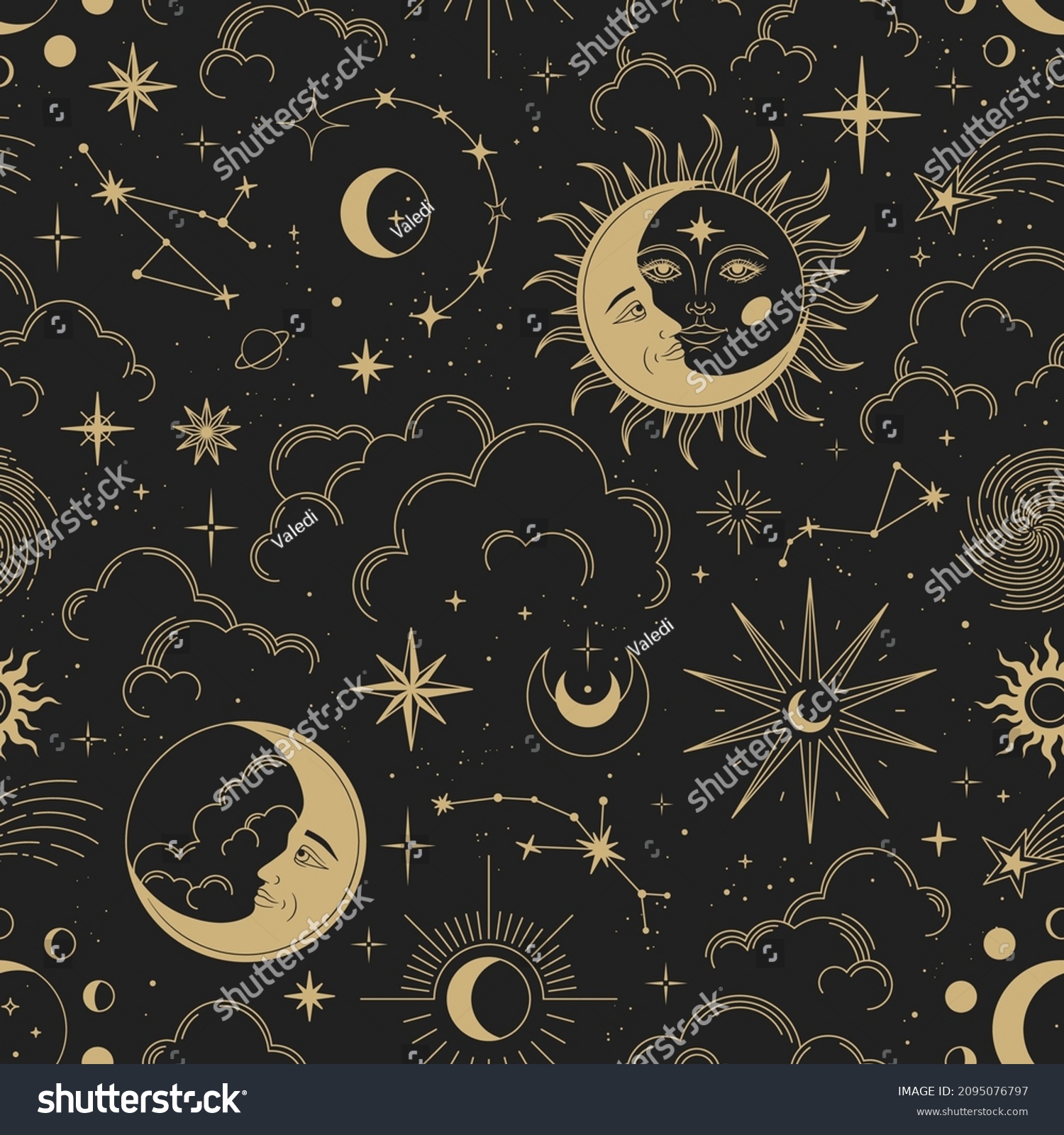 Magic seamless vector pattern with sun, constellations, moons and stars. Gold decorative ornament. Graphic pattern for astrology, esoteric, tarot, mystic and magic. Luxury elegant design. #2095076797