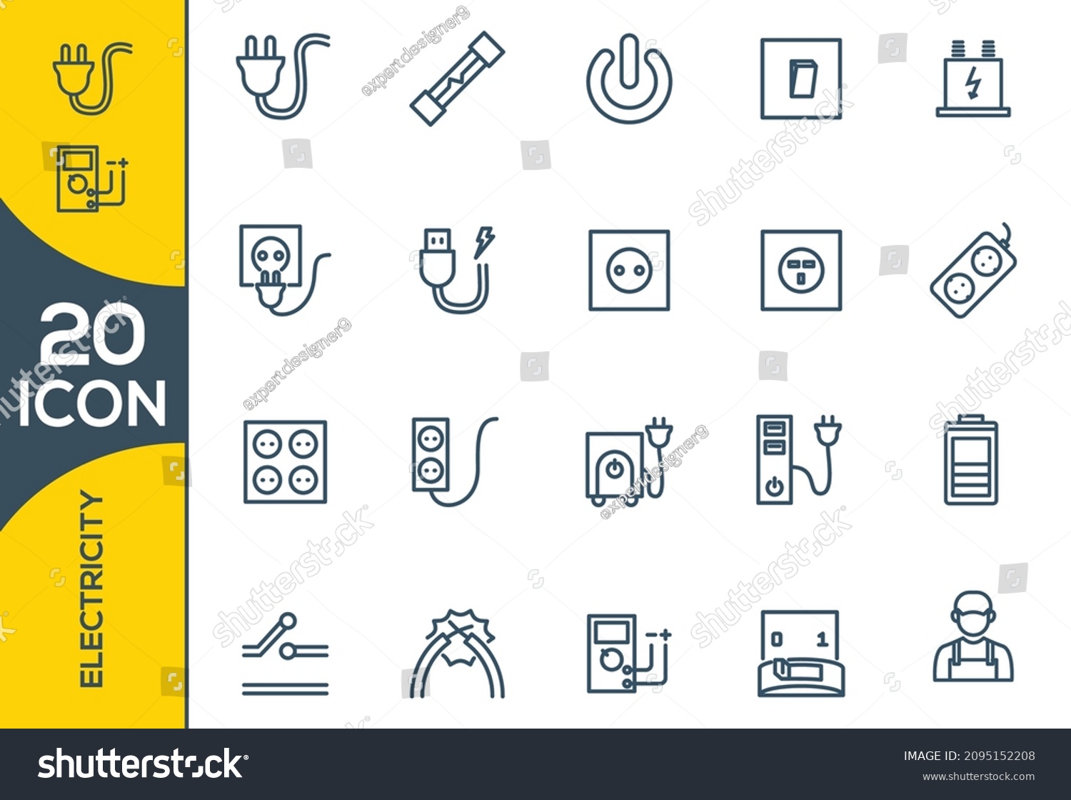 Vector Electricity outline icons. Simple Set of Surge Protector Related Vector Line Icons. Contains such Icons as American European Socket, USB Charge, Child Protection and more. #2095152208